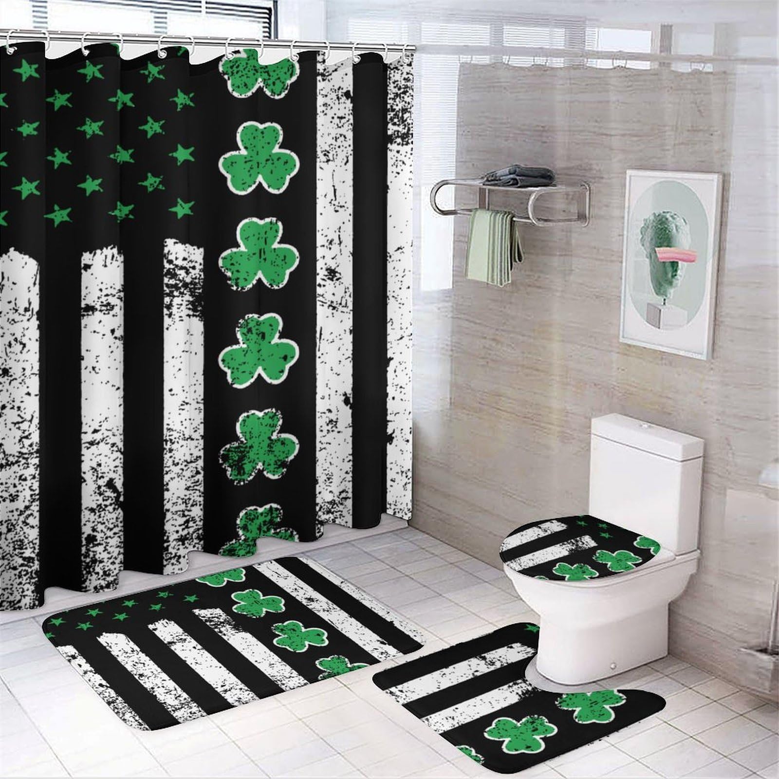 CGSBNGHA Retro Irish US Flag Stpatrick's Day Shamrock Clover Shower Curtain Set 4 Piece Bathroom Sets with Rugs Toilet Lid Cover And U-Shaped Floor Mat