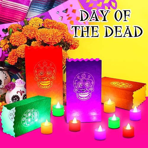 Miniatura 3 de Juego de 32 bolsas luminarias del Día de los Muertos con 32 velas LED sin llama, Día de los Muertos, bolsas luminarias mexicanas de Halloween,