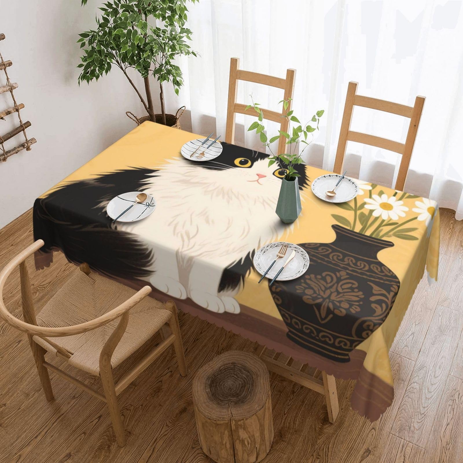 FekiLoot Rectangle Tablecloth 54 X 72 Inch, Classic Stain ‎Resistant Table Cloth Reusable Washable Table Cover Antique Daisy Cat Tabletop Decor for Kitchen Dining Party Indoor Outdoor Use