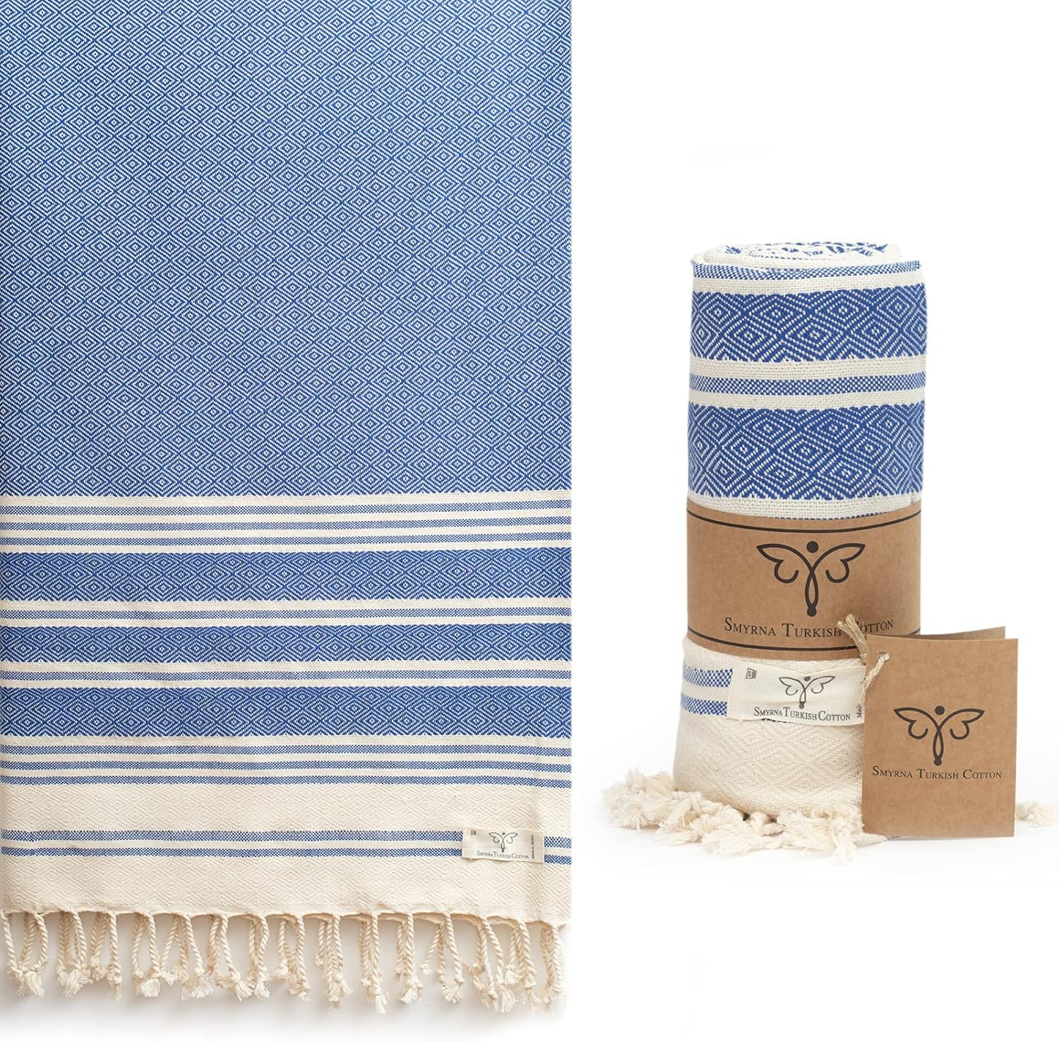 Smyrna Heritage Series Original Turkish Beach Towel | 100% Cotton, Prewashed, 37 x 71 Inches | Peshtemal and Turkish Bath Towel for SPA, Beach, Pool, Gym and Bathroom (Azure)