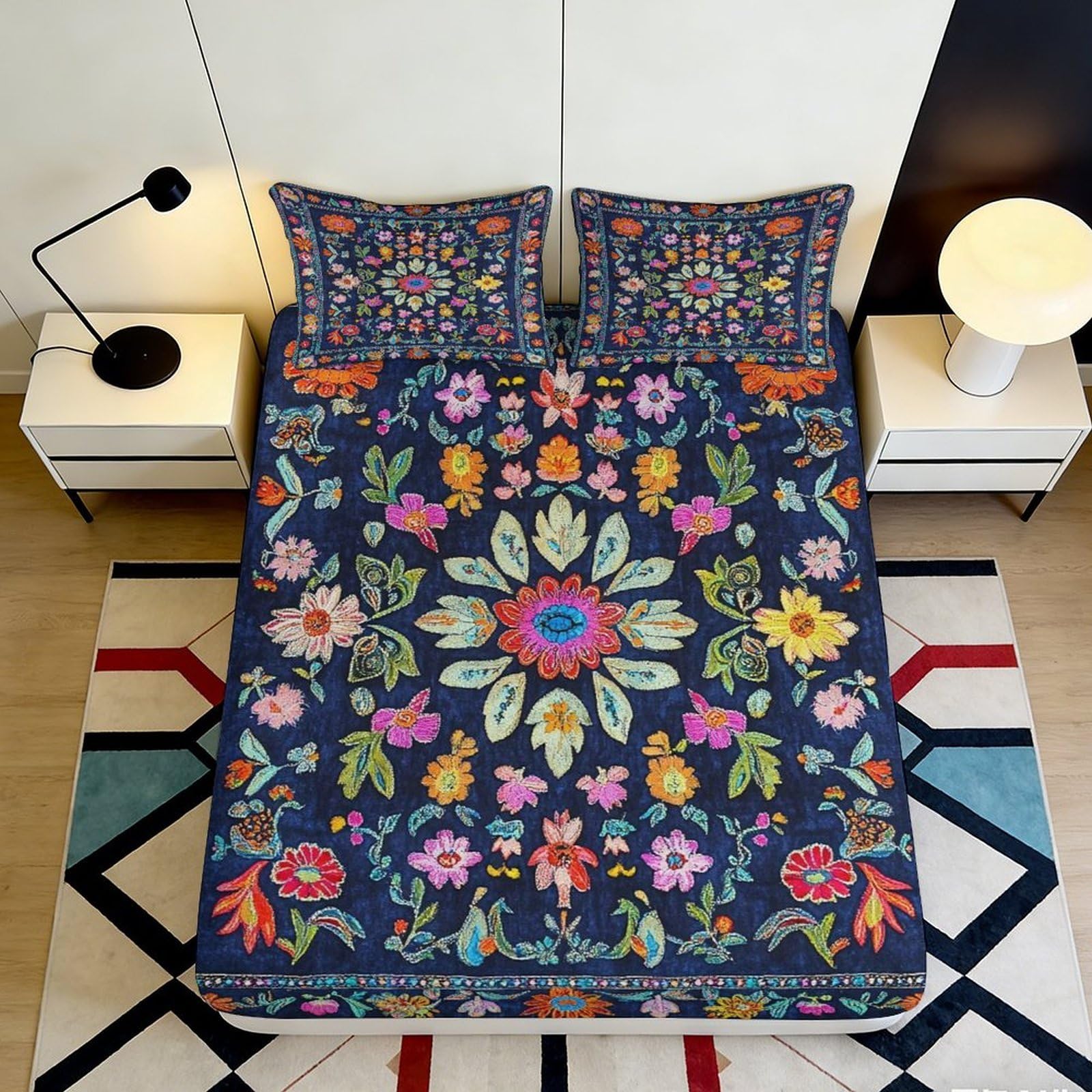 3D Printed Floral Mandala Fitted Sheet Microfiber Soft Breathable Colorful Mattress Cover for Bedroom Dormitory Guest Room Mattress Protection Decor 160x200x25cm