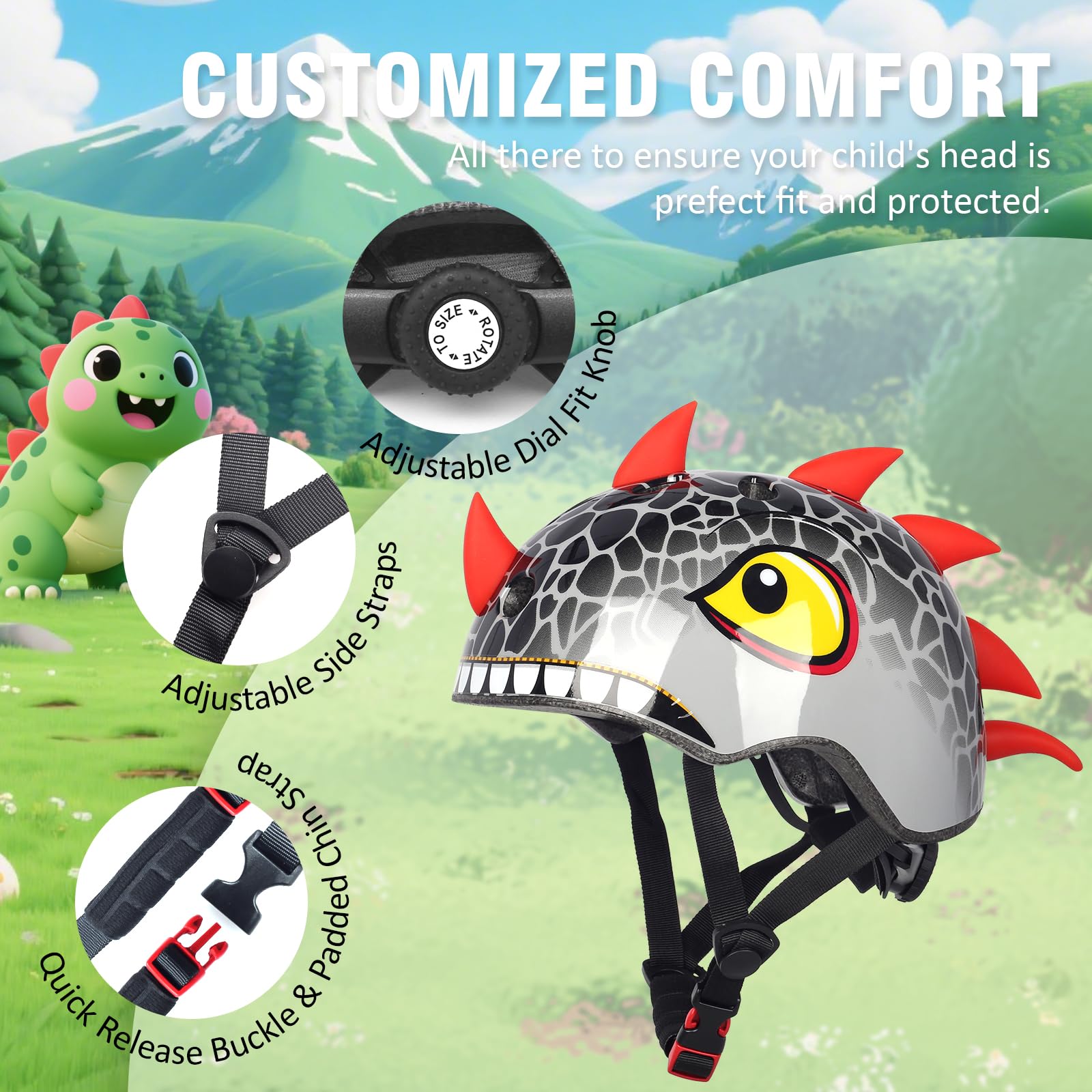 Casco de bicicleta para niños pequeños con diseño de dinosaurio, ajustable y ligero para niños y niñas, casco multideportivo para bicicleta, scooter, monopatín, 2 tamaños de niño a joven (negro S)