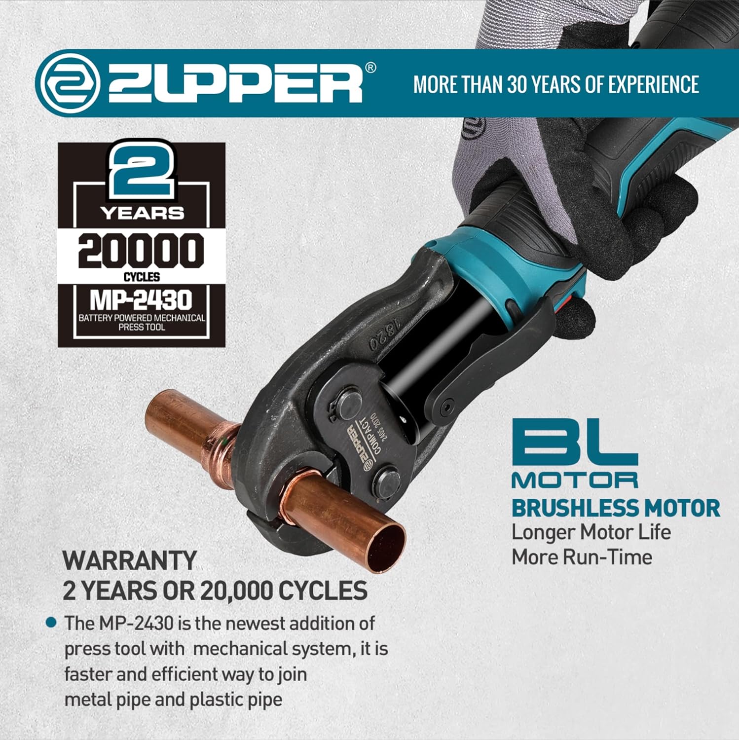 ZUPPER Press Tool, 18V Electric Pipe Crimping Tool for 1/2", 3/4", 1" Copper Pipes, Compact Press Tool Kit Suitable for Copper Pro Press fittings - with Brushless Motor, 3 VUS Press Jaws, 2pcs Battery