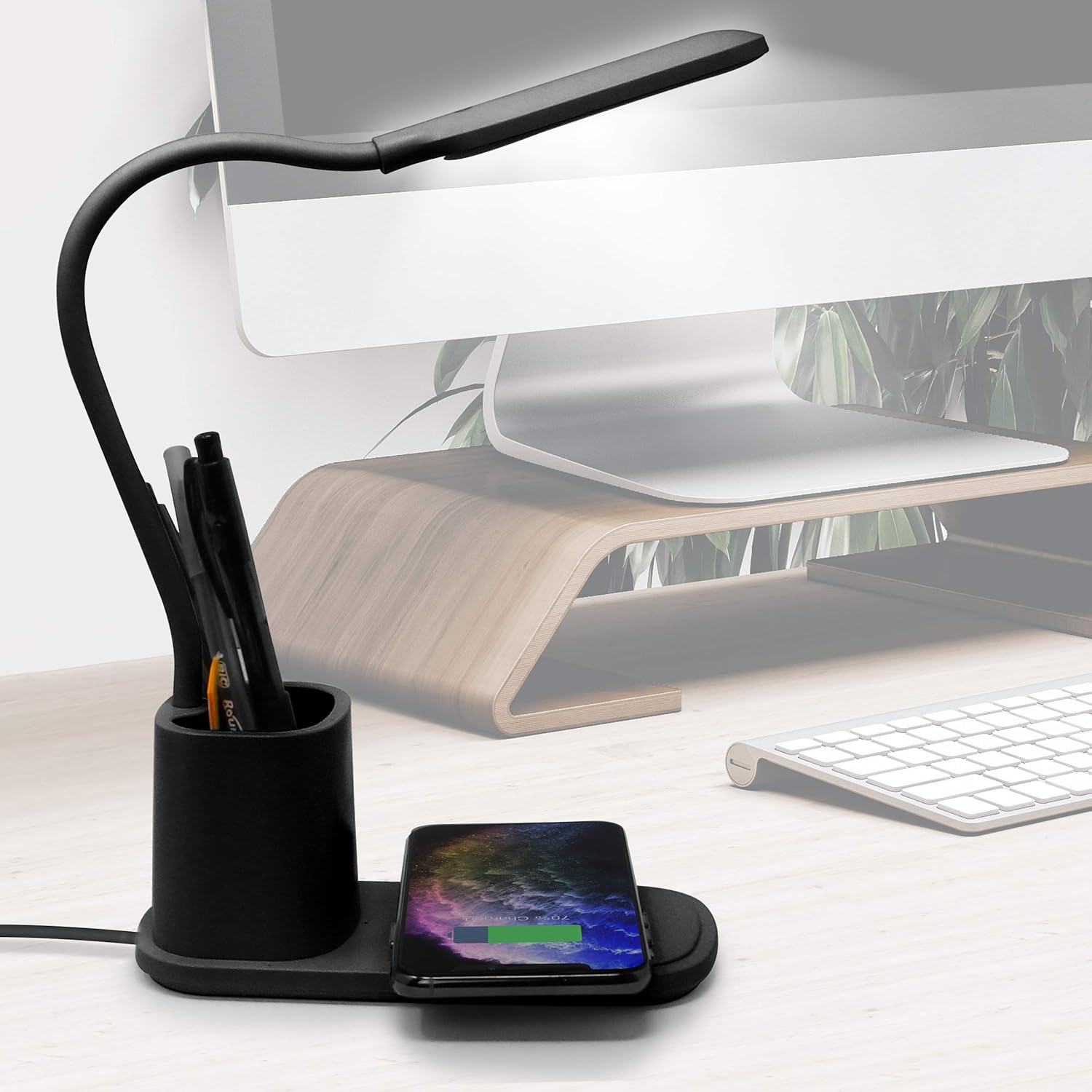 Black Adjustable LED Desk Lamp with Wireless Charger and Organizer