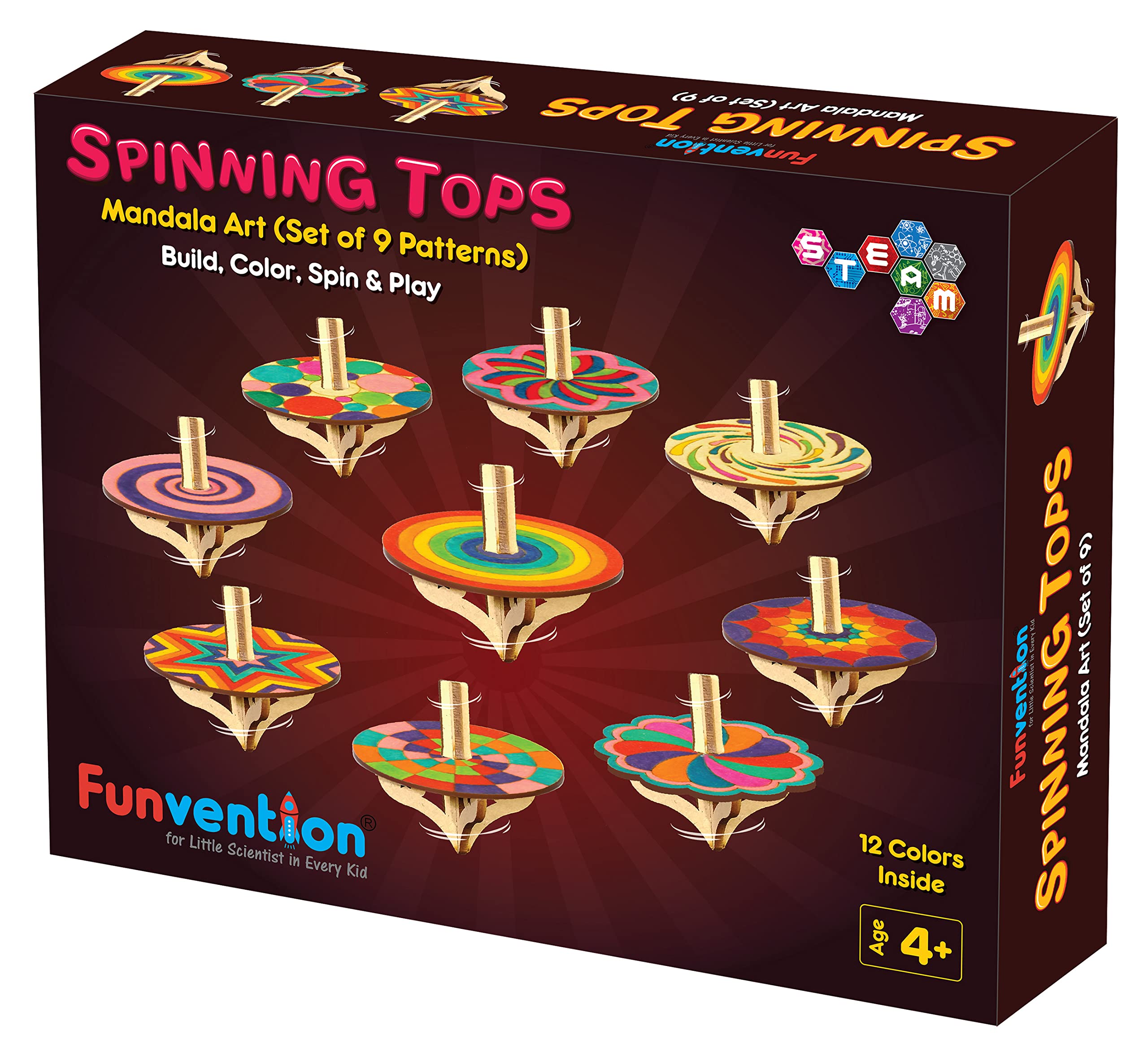 Funvention - For Little Scientist In Every Kid DIY Spinning Tops (Mandala Art D)-Set Of 9 + 12 Colors-DIY Build, Color, Play, Art & Craft Toy For Kids, Multicolor