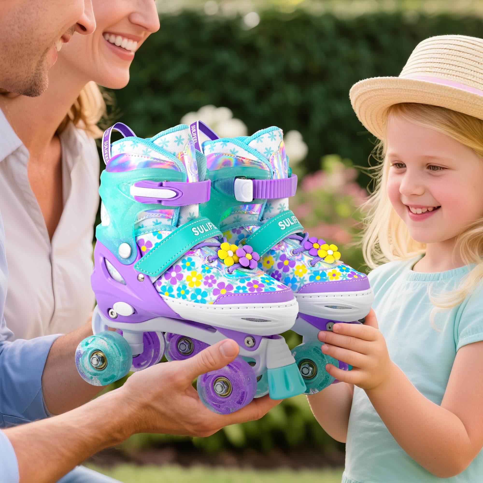 SULIFEEL Rainbow Unicorn 4 Size Adjustable Light up Roller Skates for Girls Boys for Kids