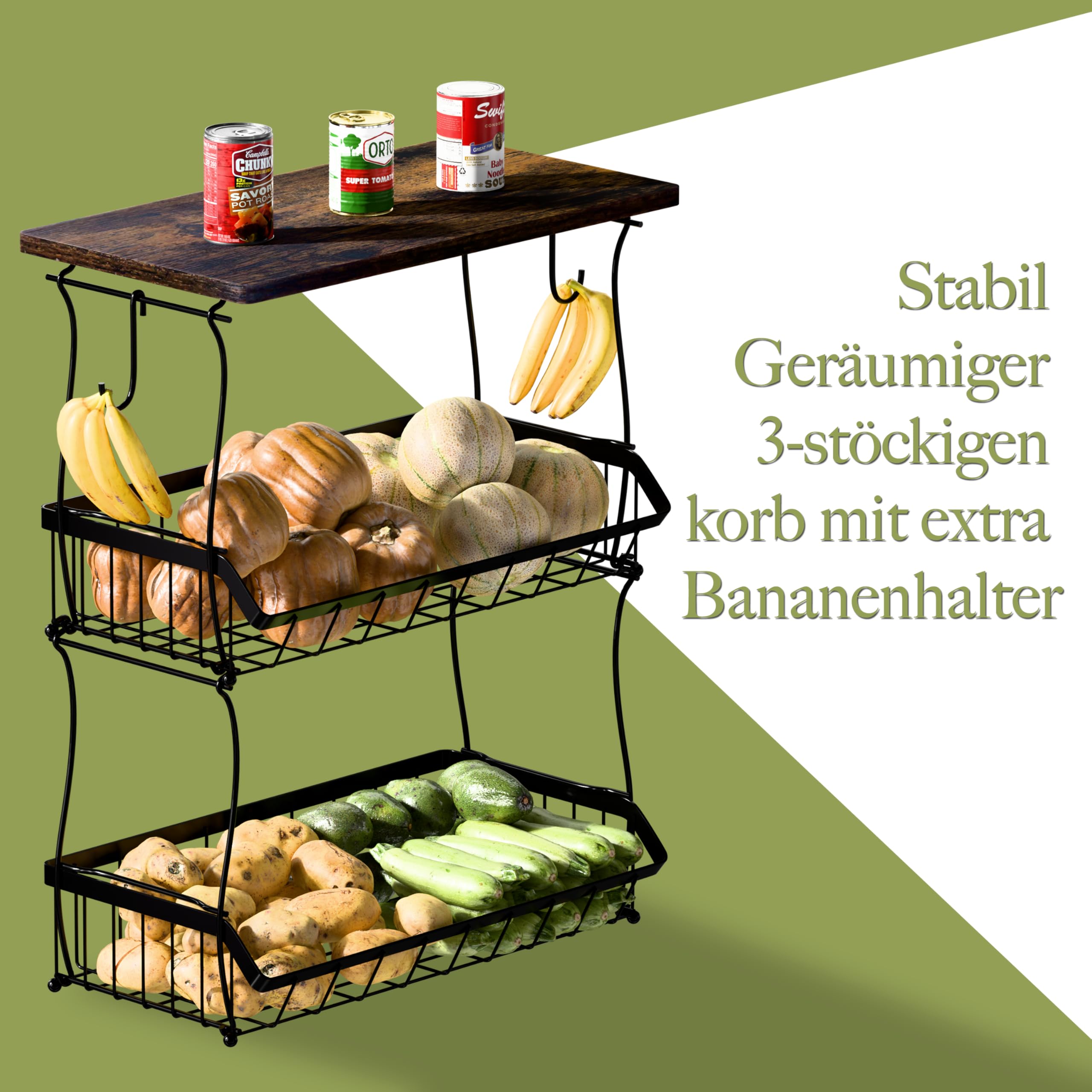 Obstkorb mit 3 Etagen und 2 Bananenhalter – Obst Aufbewahrung in Küche – Eckige Etagere 3 Stöckig - Gemüsekorb aus Metall für Obst Früchte Gemüse und mehr - Obstschale Mehrstöckig