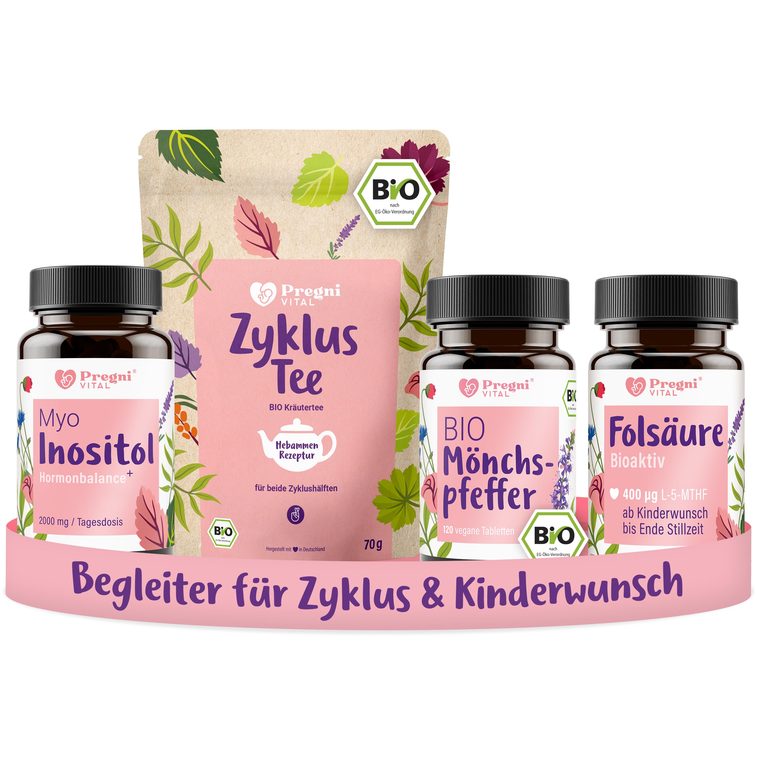 PregniVital Kinderwunsch Vitamine & Zyklus Set, Folsäure 400 µg, Mönchspfeffer Bio, Myo-Inositol B6 und Zyklustee