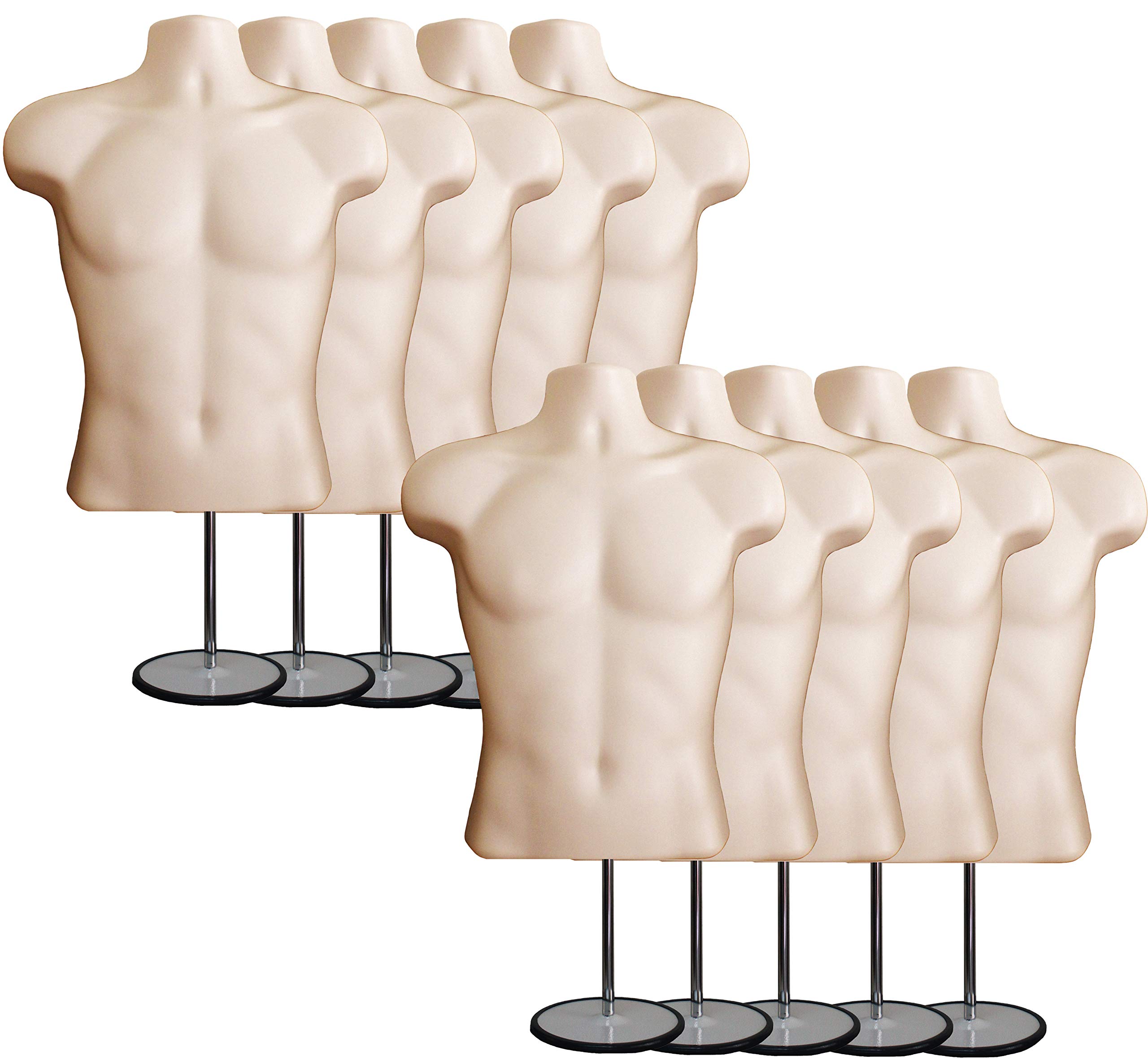 DisplayTown Male Mannequin Torso with Metal Stand Hollow Back Body Stackable Dress Form for Tshirt Display, Countertop, Craft Shows, Photos and Design, S-M Clothing Size (Flesh, Set of 10)