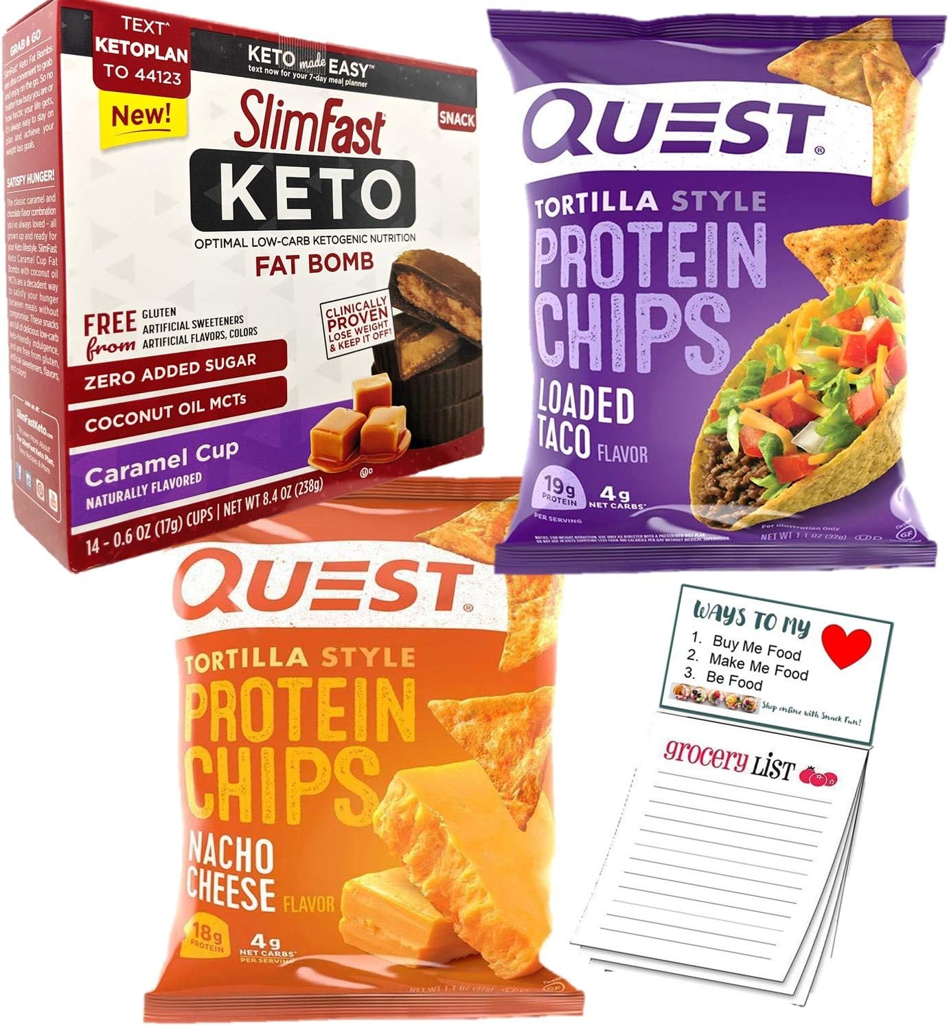 Keto Snacks Variety Pack | Quest Protein Chips | SlimFast Keto Fat Bombs Caramel Cups | Snack Fun Magnetic Shopping Pad Bundle