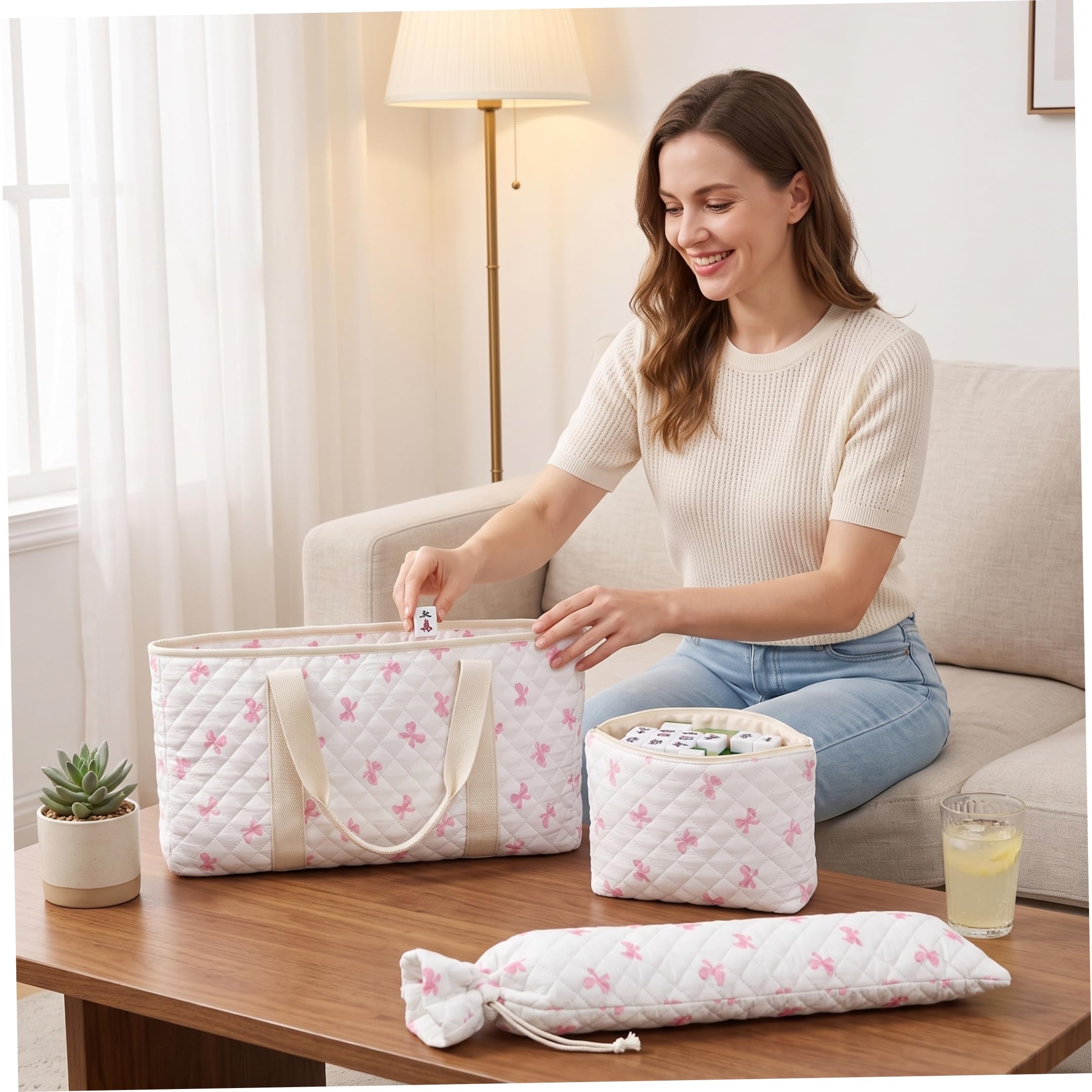 Set di borse Mahjong da 3 pezzi, borsa da trasporto Mahjong floreale trapuntata con supporto per tappetino per piastrelle e scaffali, con manico stile 3
