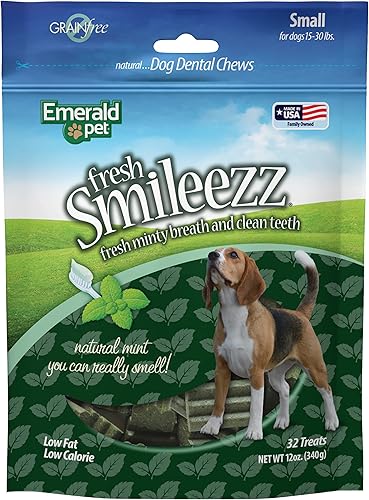 Emerald Pet Fresh Smileezz - Golosinas dentales para perros sin granos, aliento fresco y dientes limpios para cachorros y razas de perros pequeños,