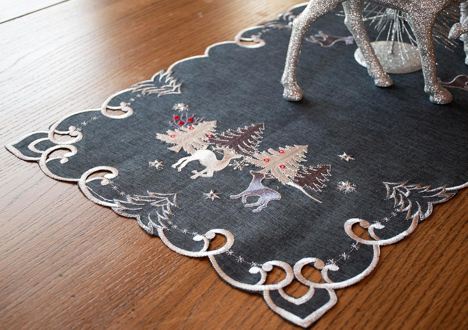 Embroidered Christmas Holiday Silver Reindeer & Christmas Scene on Dark Gray Rectangle Table Runner, Dresser Scarf (16Wx33L)