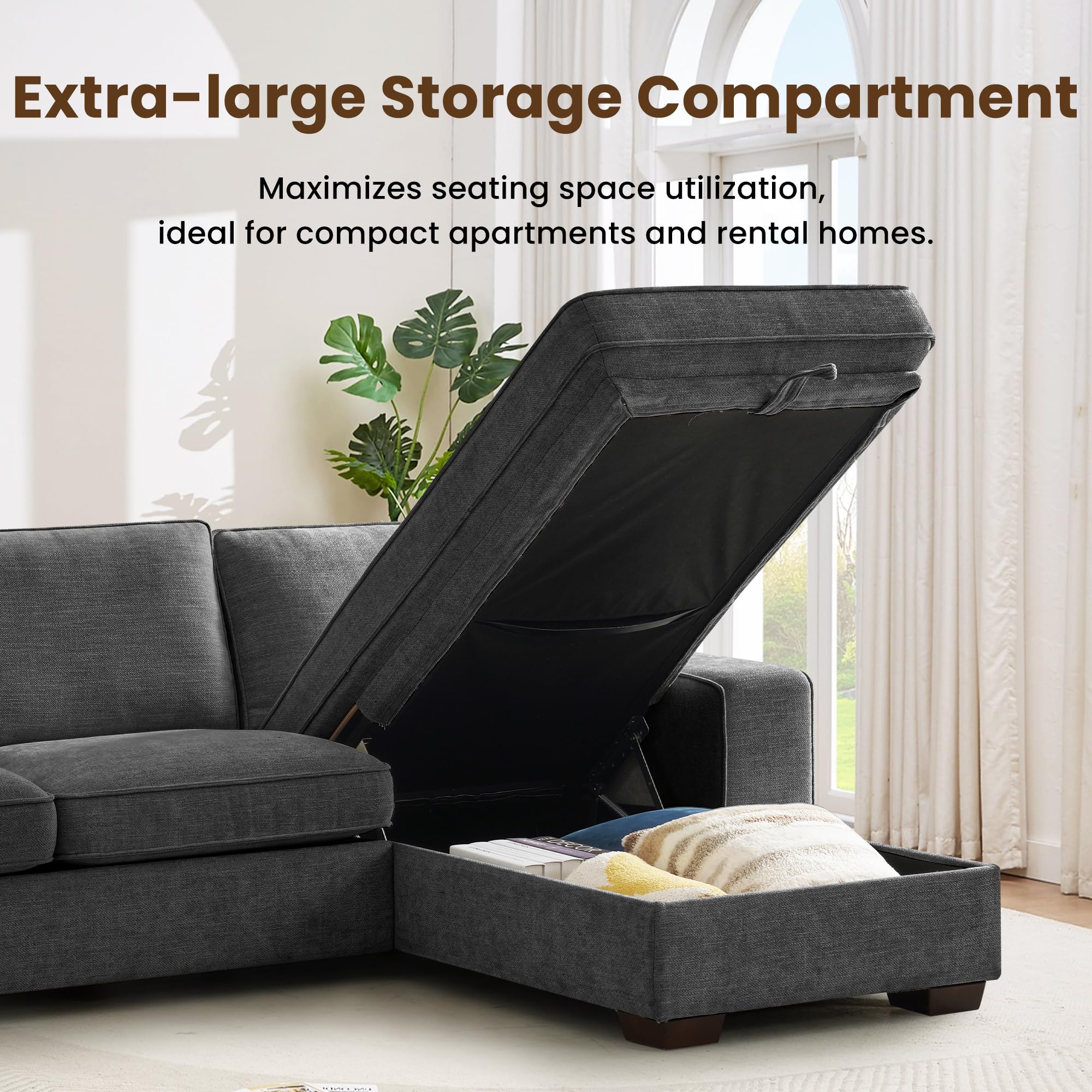 YuuYee Chenille L Shaped Sectional Couches for Living Room, Comfy Convertible Modular Sofa with Storage Chaise for Small Spaces,Mid Century Modern,Deep Seat (Dark Grey, 99")