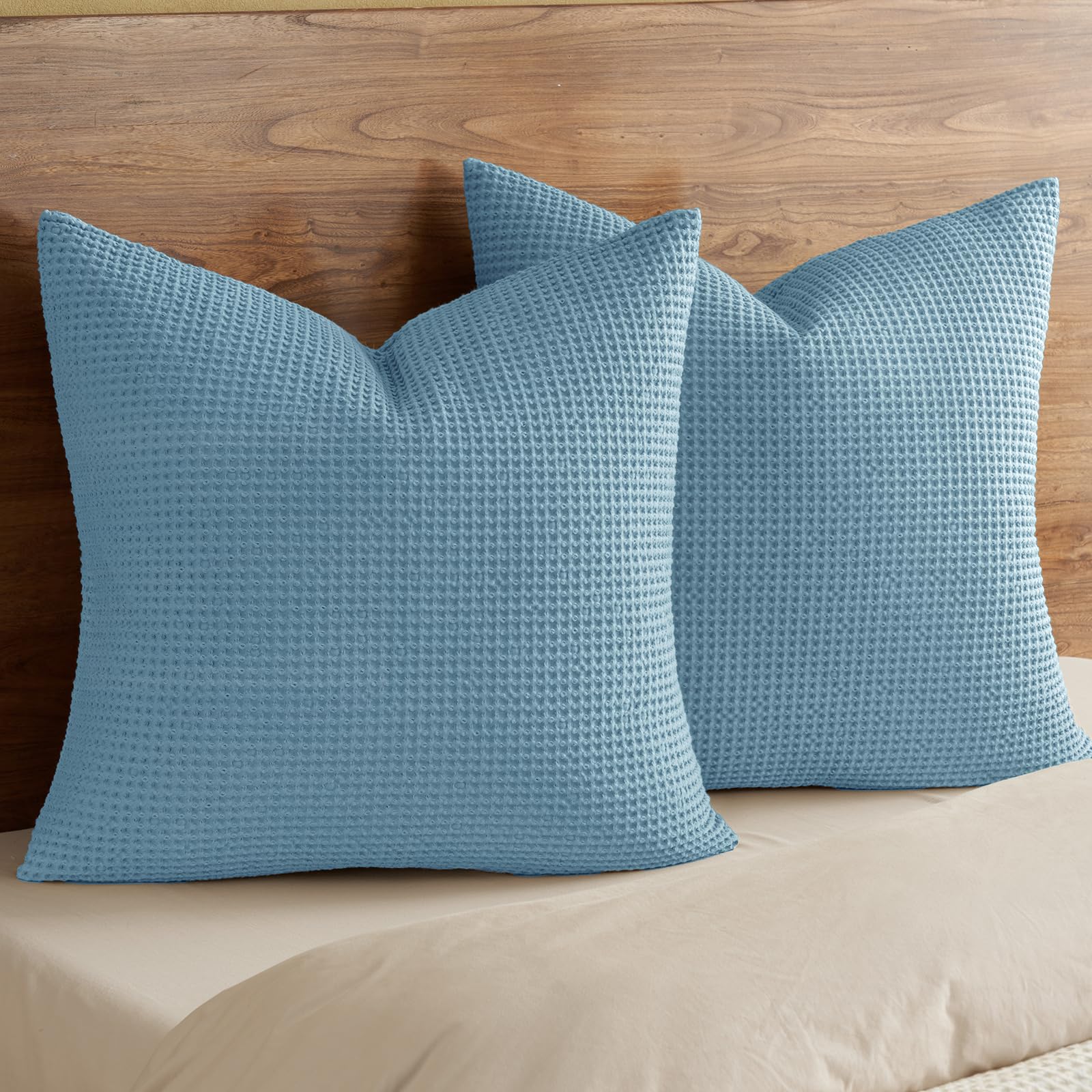 phf 100% cotton waffle weave throw pillow cover, 22" x 22", no filling, 2 pack elegant home decorative square throw pillow covers for bed couch sofa, dusty blue