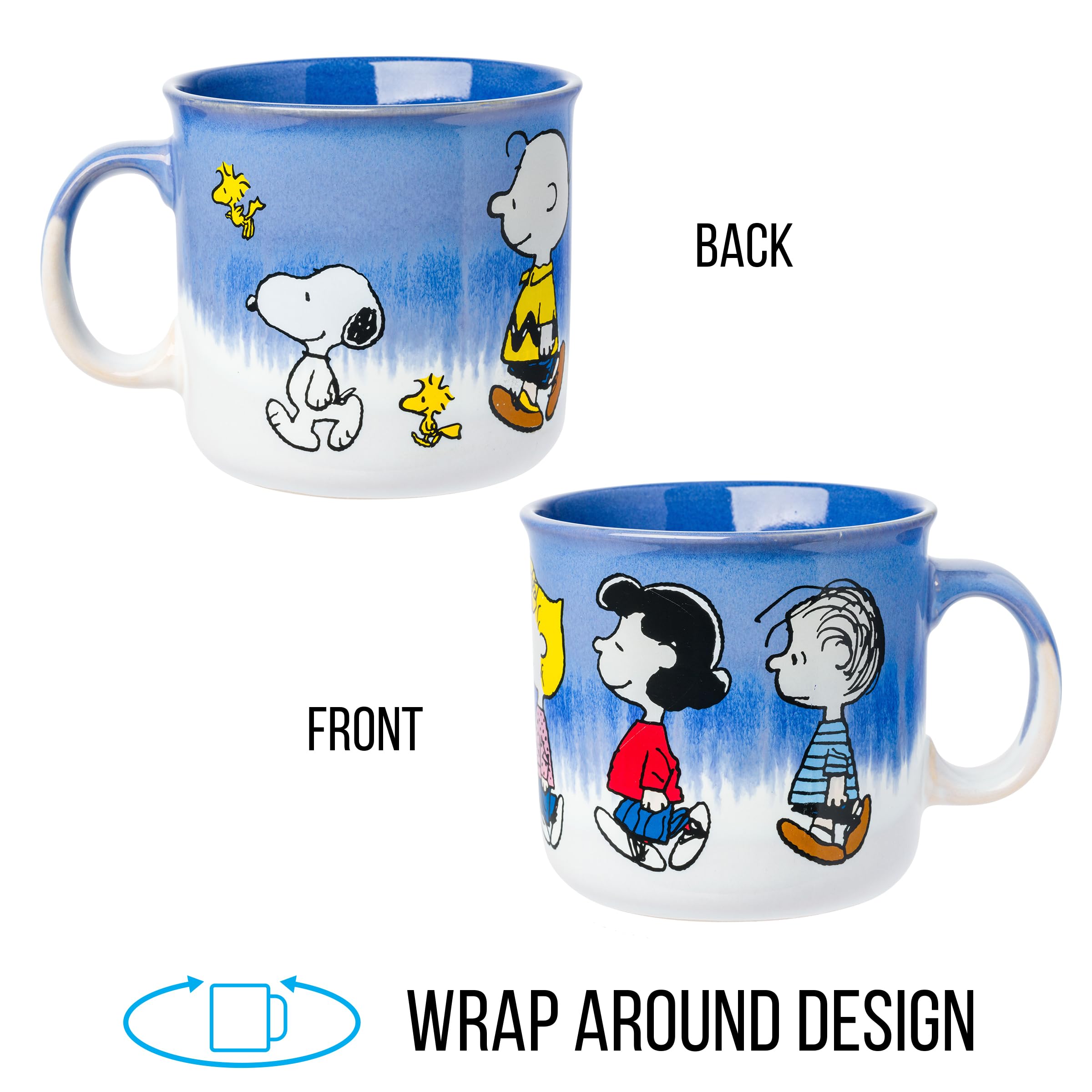 Silver Buffalo Peanuts Reactive Glaze Ceramic Camper Mug Featuring Charlie Brown, Lucy, Sally, Woodstock, and Linus, 20 Ounces