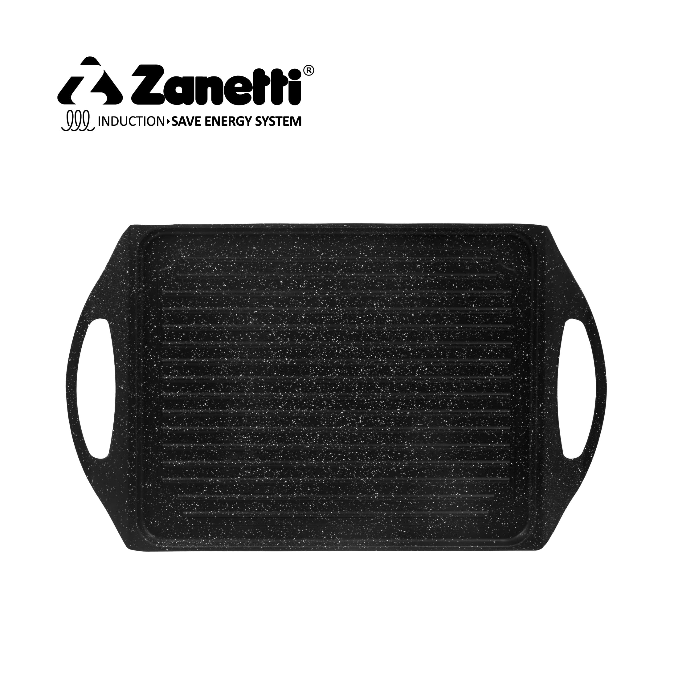 zanetti - Plaque BBQ 28 x 36 cm, poêle Grill, plaque à barbecue effet pierre, double prise, aluminium moulé sous pression, convient à induction