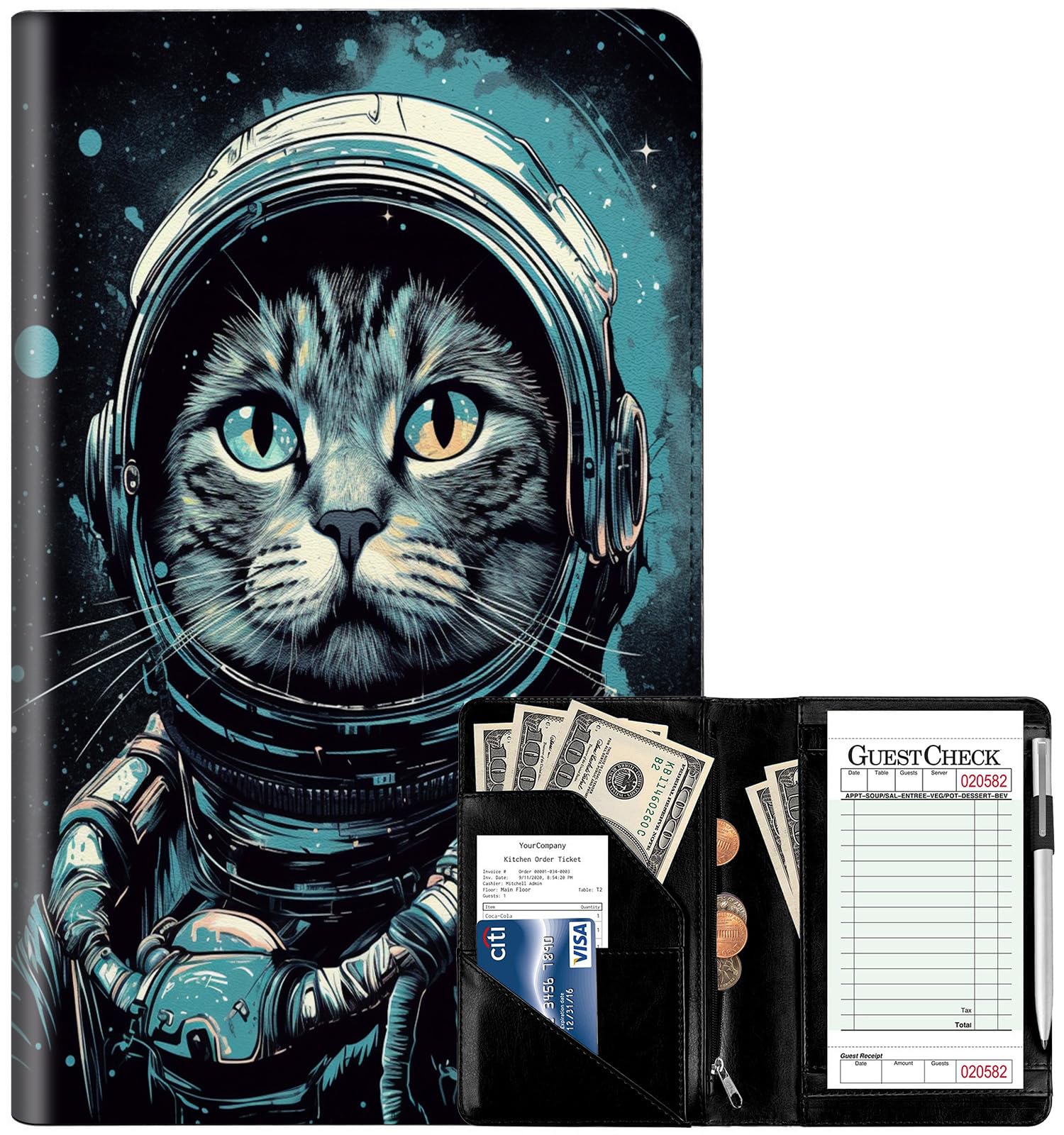 Server Book for Waitress, Leather Waiter Book Server Wallet with Zipper Pocket, Cute Waitress Book & Waitstaff Organizer with Money Pocket Fit Server Apron,Illustration Cat