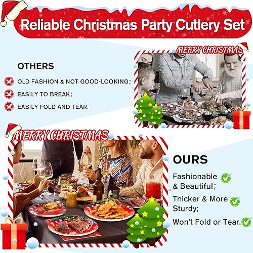 Miniatura 2 de LIZIHAO 96 piezas de suministros para fiesta de Navidad sirven para 24 platos de papel y servilletas de Feliz Navidad platos de papel de Navidad de