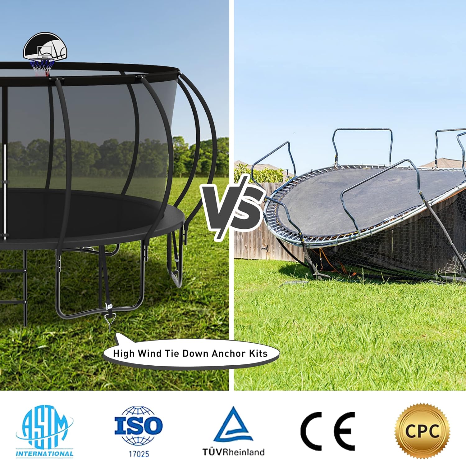 LHX Tranpoline Outdoor 8 10 12 14 15 16FT with Enclosure Net, Light and Sprinkler, 1500lbs Weight Capacity, Heavy Duty Outdoor Backyard Tranpoline with Basketball Hoop for Kids Adults, ASTM Approved