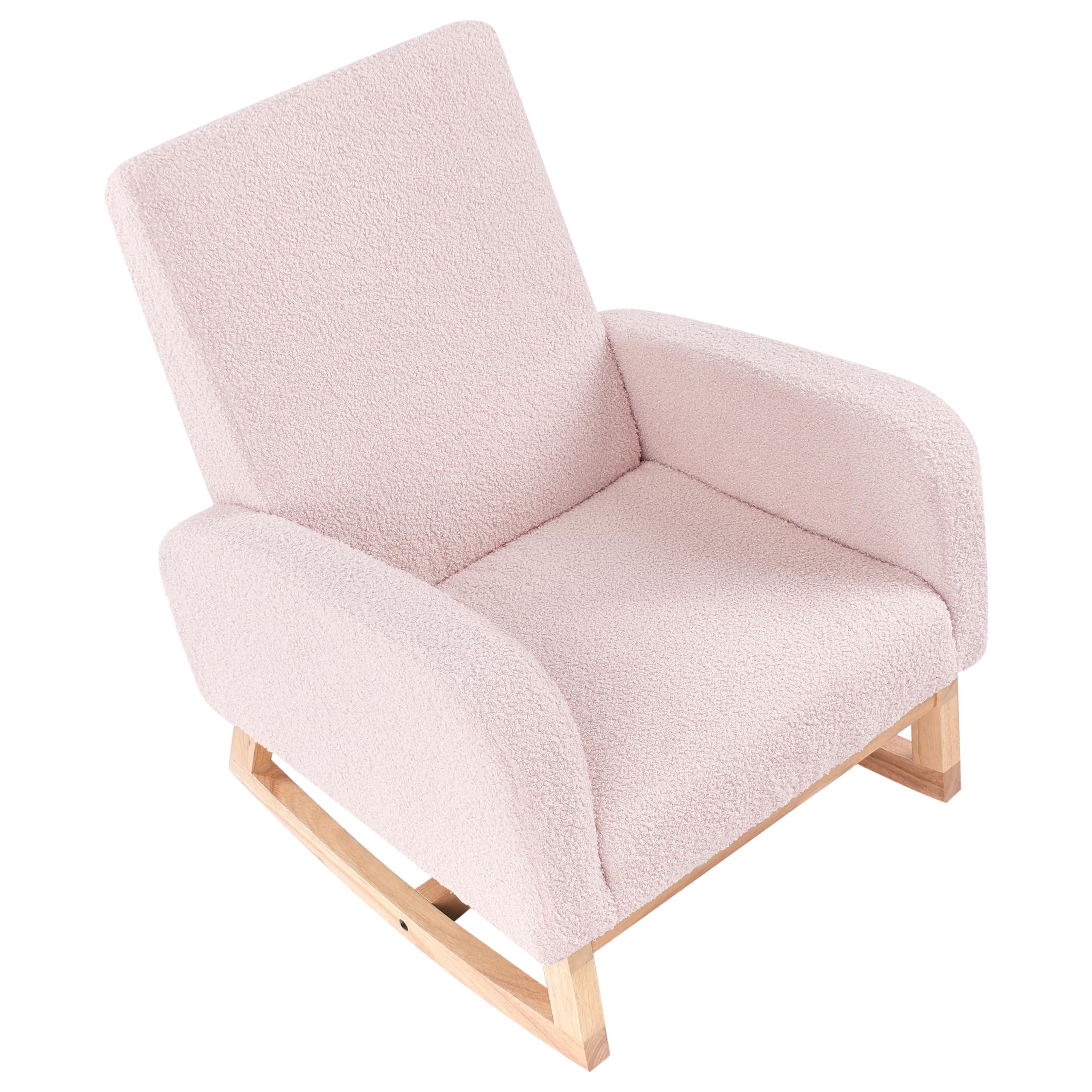 Fauteuil à Bascule pour Enfants en Bouclé Pieds en Bois Rose Pastel Norby