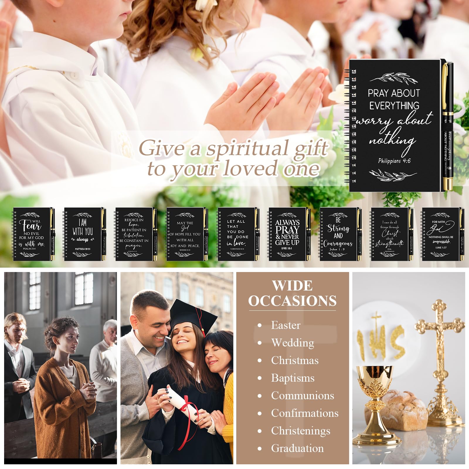 Kosiz 60 regali cristiani, include quaderno a spirale e penna a sfera per la Bibbia, diario di preghiera, bomboniere religiose per feste religiose, blocco note per donne, chiesa e famiglia (nero)