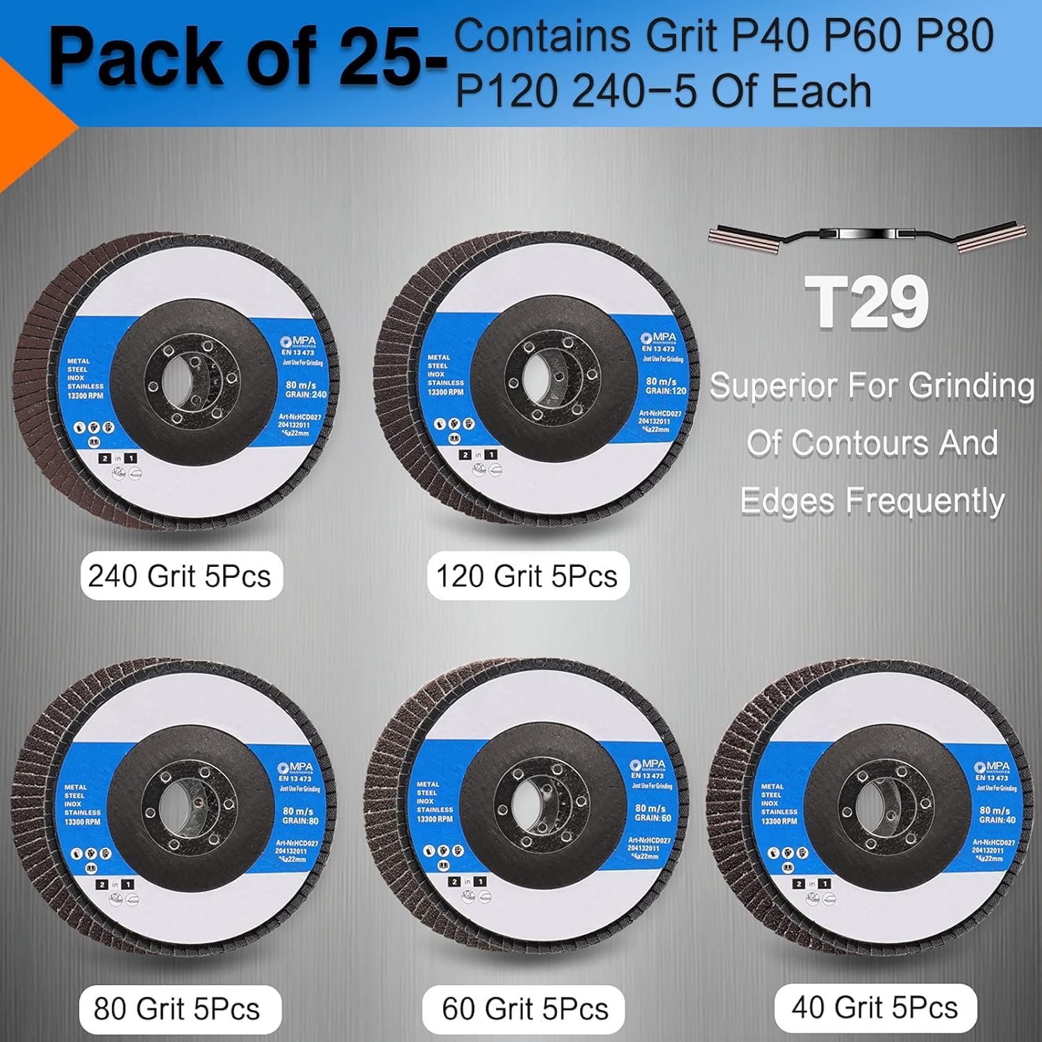 STEBRUAM Disques à lamelles 115mm, 25 Pack pour meuleuse d'angle Disque de ponçage 40 60 80 120 240 Grit en zircone pour le polissage des joints de soudure en oxyde d'aluminium