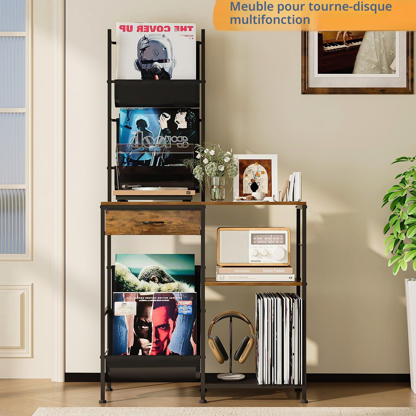 VEDECASA Étagère à disques vinyles avec 1 tiroir et 3 étagères en bois et métal vintage pour jusqu'à 150 disques vinyles LP avec étagère pour platine tournante, table d'appoint pour salon