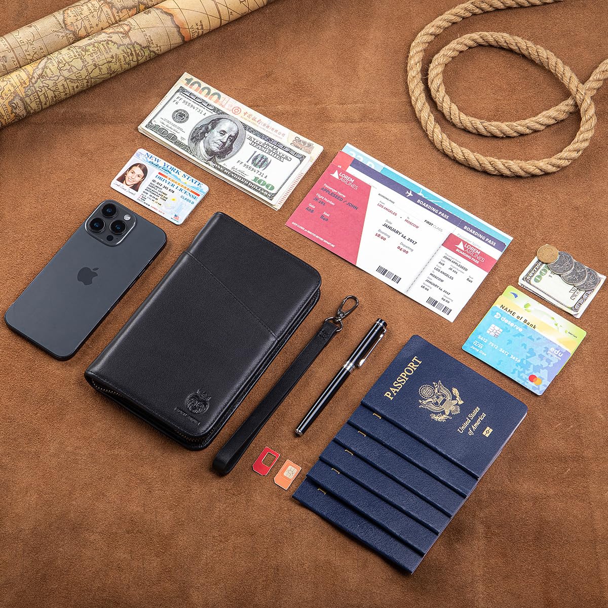 Soporte para pasaporte para viajes familiares con correa, de piel auténtica, bloqueo RFID, para pasaporte familiar para 6 personas, Negro, Large, Retro