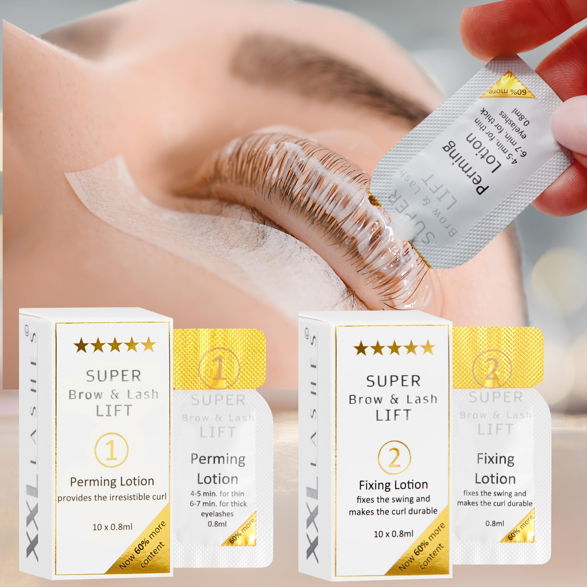 XXL Lashes lozioni per lifting ciglia permanente, laminazione ciglia e sopracciglia, 10 lozioni permanenti e 10 fissanti, in bustine sterili usa e getta, senza restringimento, senza perdita di durata