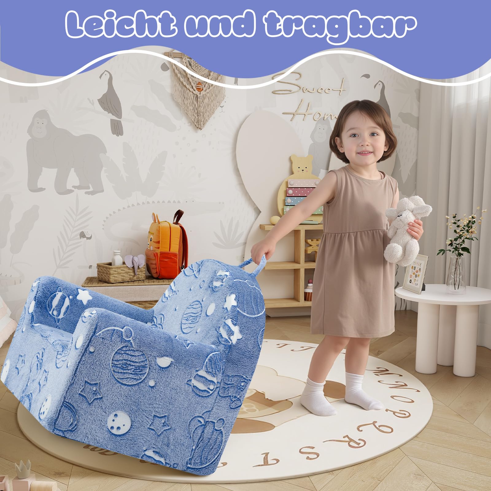 MeMoreCool Kinder Sessel – Bequemer Plüsch Kindersofa, Weicher Schaumstoff Stuhl, Tragbarer Kindersessel für Kinderzimmer & Leseecke, Universum