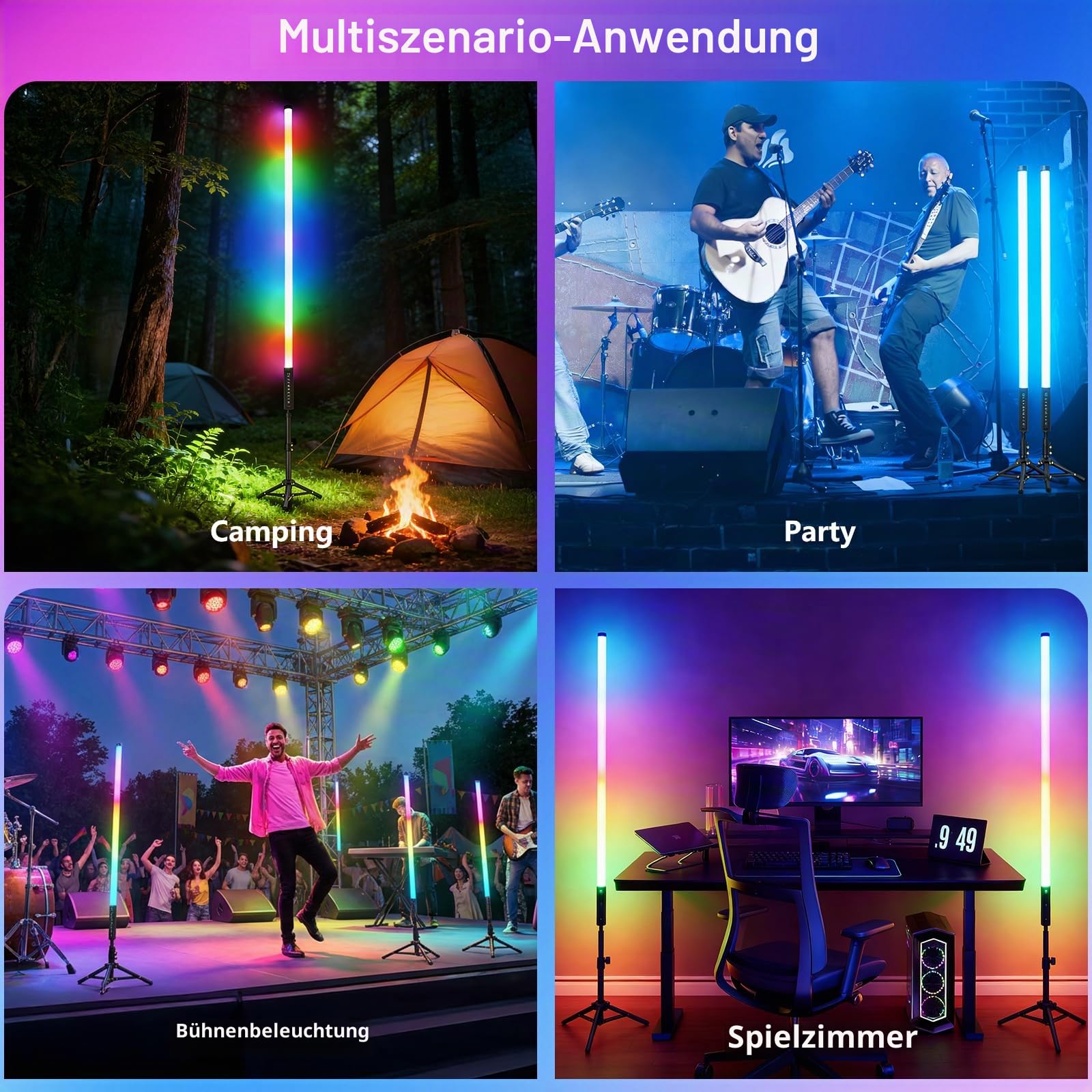 4 Stück 90cm LED Video Lichtstab Mood1 Mit Stativ,LED Handheld Fotografie Lichtdimmbar und Speicher, integrierter Akku,RGB-Fotolampe für YouTube,TikTok,Spiel-Streaming,Partybar,Foto-Beleuchtung