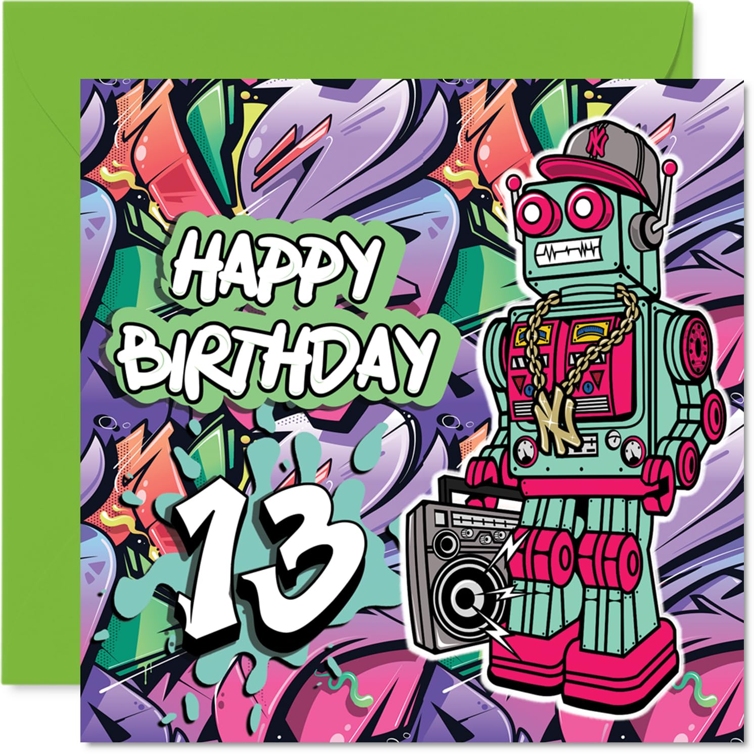 13th Birthday Cards for Boys - Wicked Graffiti Robot - Happy Birthday Card for 13 Year Old Boy Cousin Great Nephew Brother Godson, 145mm Bday Greeting Cards