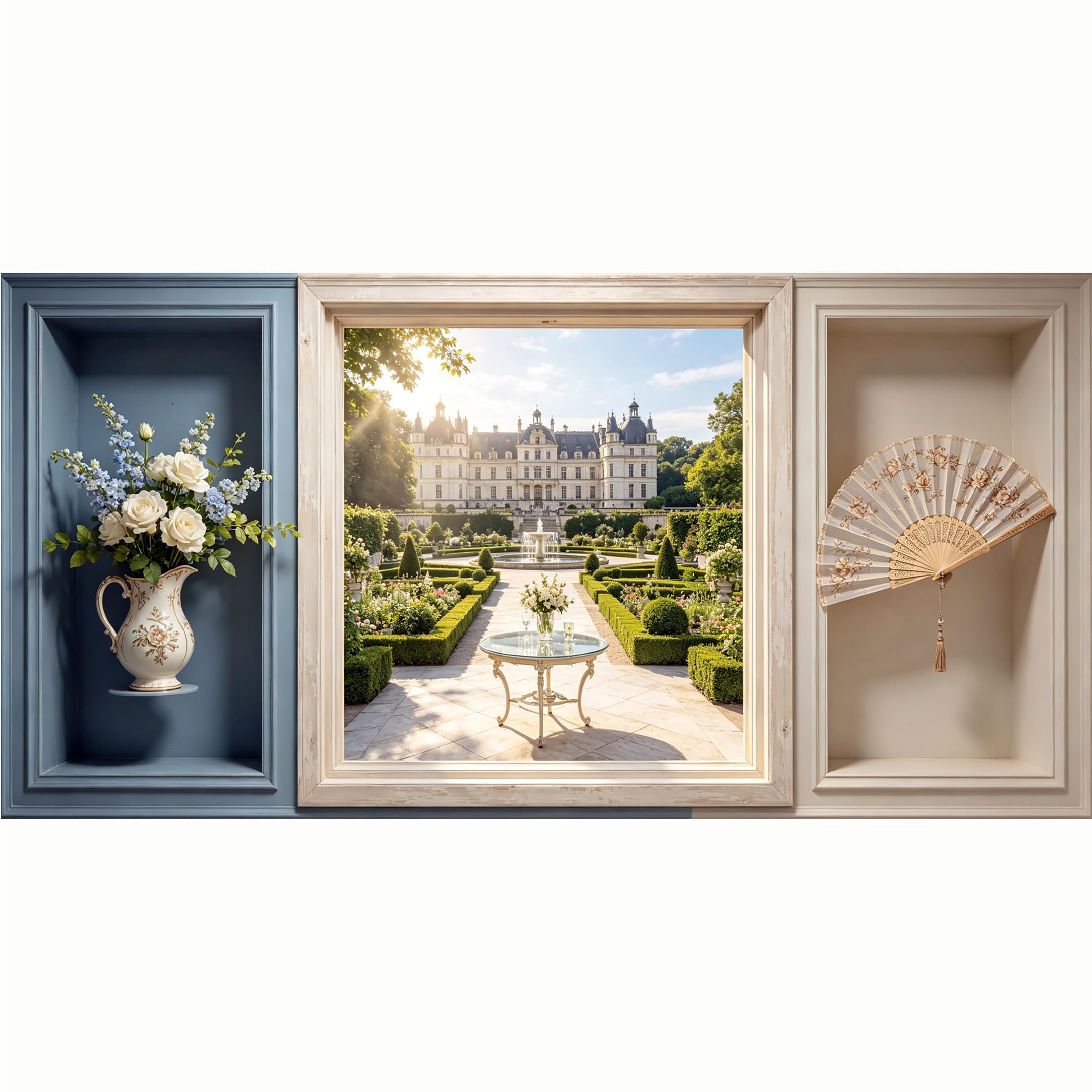 QZLITHOTIC 50x100cm 3D Framed Wall Art， French Chateau Garden Landscape 3D Trompe l'oeil SelfAdhesive Mural， WaterActivated Peel & Stick Fabric Decor Wall Decal for Bedroom Living Room