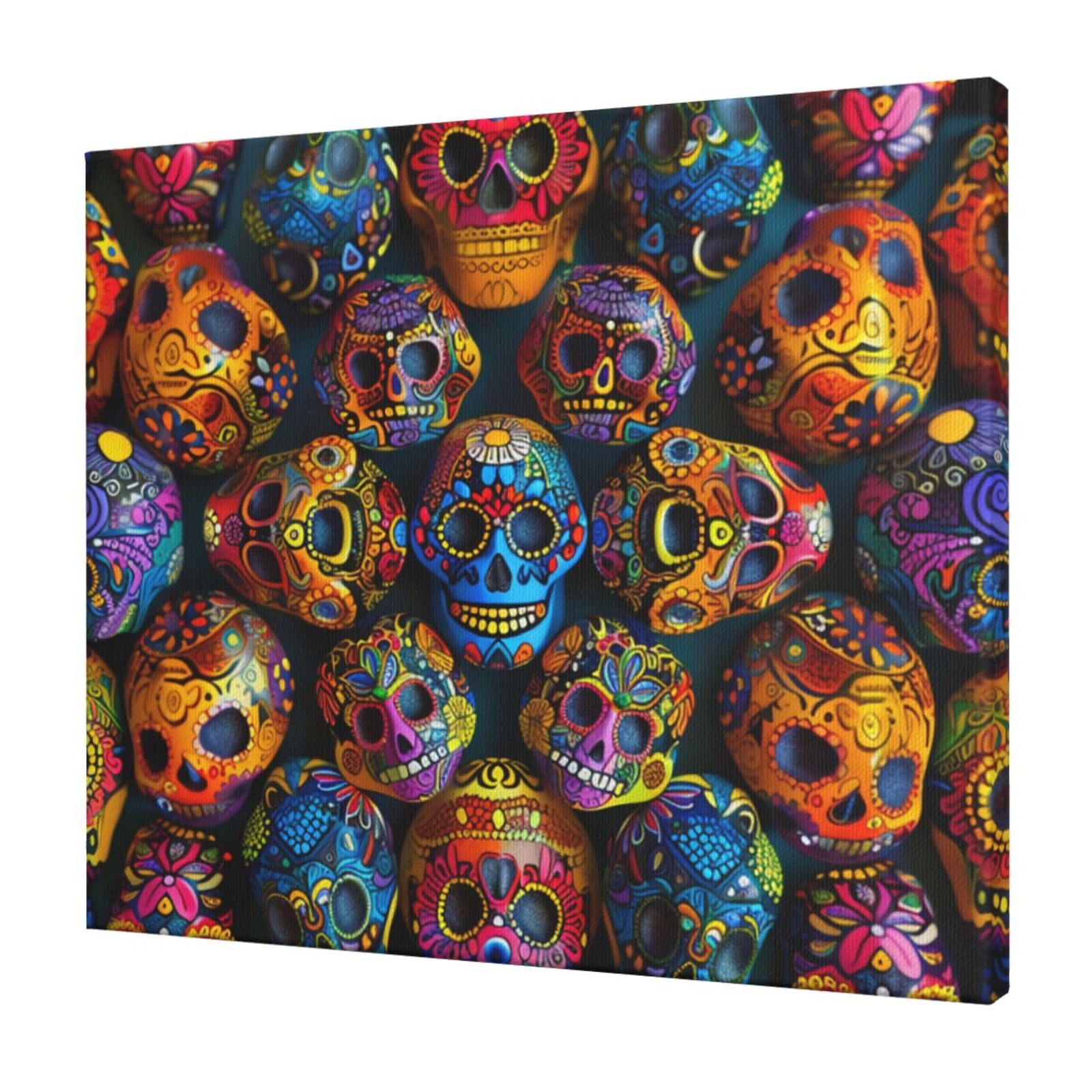 YKLJG Colorful Sugar Skulls Printed Wall Art Canvas Prints 60x50 CM Wooden Framed Picture Painting Artwork for Bedroom Kitchen Home Office Decor