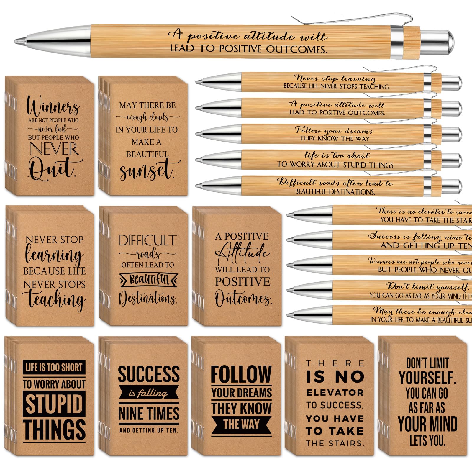 PerKoop 200 quaderni motivazionali in carta kraft, piccoli diari in bambù, penne ispiratrici per donne, uomini, ufficio, scuola, dipendenti, colleghi, insegnanti, volontari, regalo