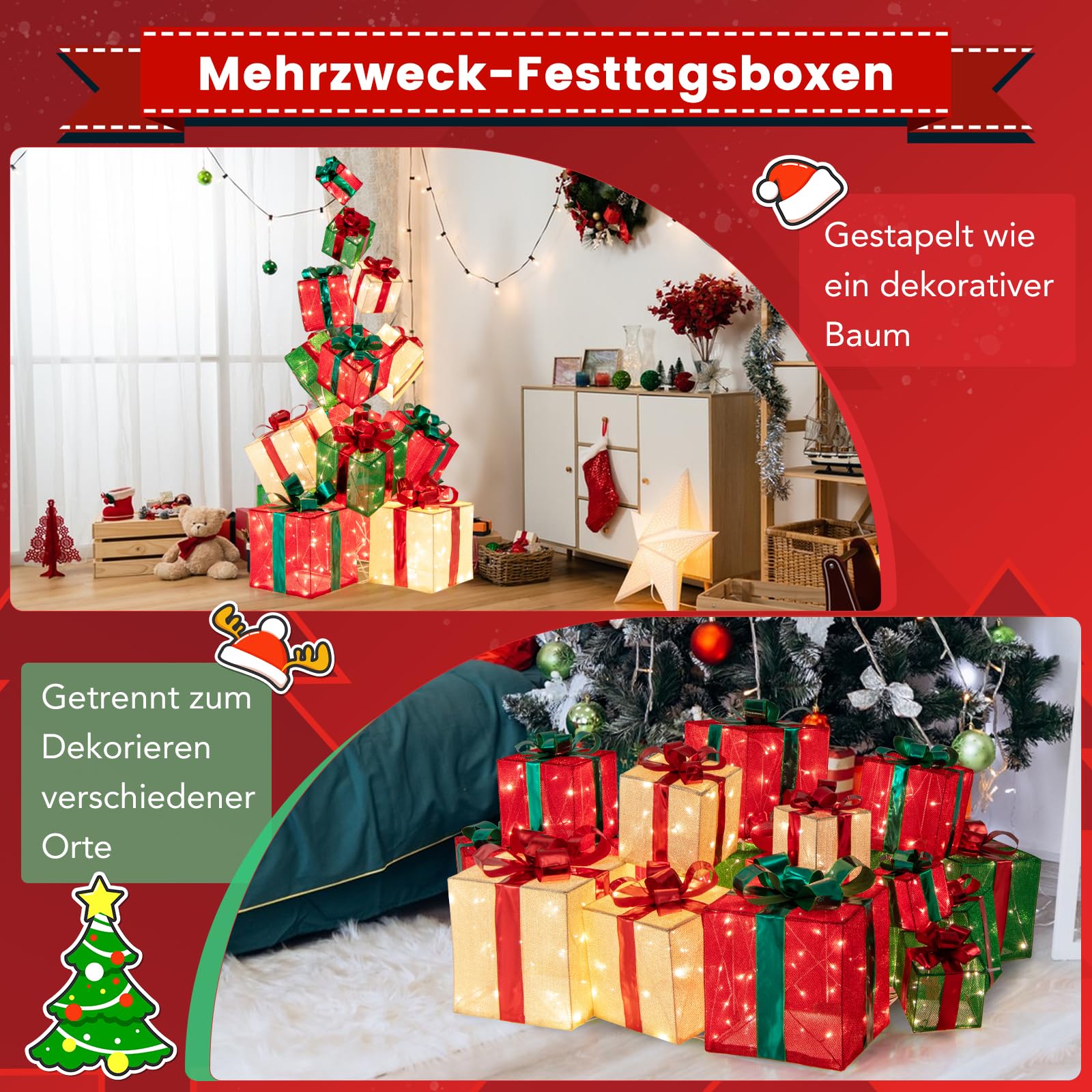 GOPLUS 15er Set LED Geschenkbox, 170cm Weihnachtsboxen Deko stapelbar mit 450 Lichtern, beleuchtete Weihnachtsdeko mit Schleifen & Metallständer für Weihnachtsbaum Zuhause Schaufenster Gartenrasen