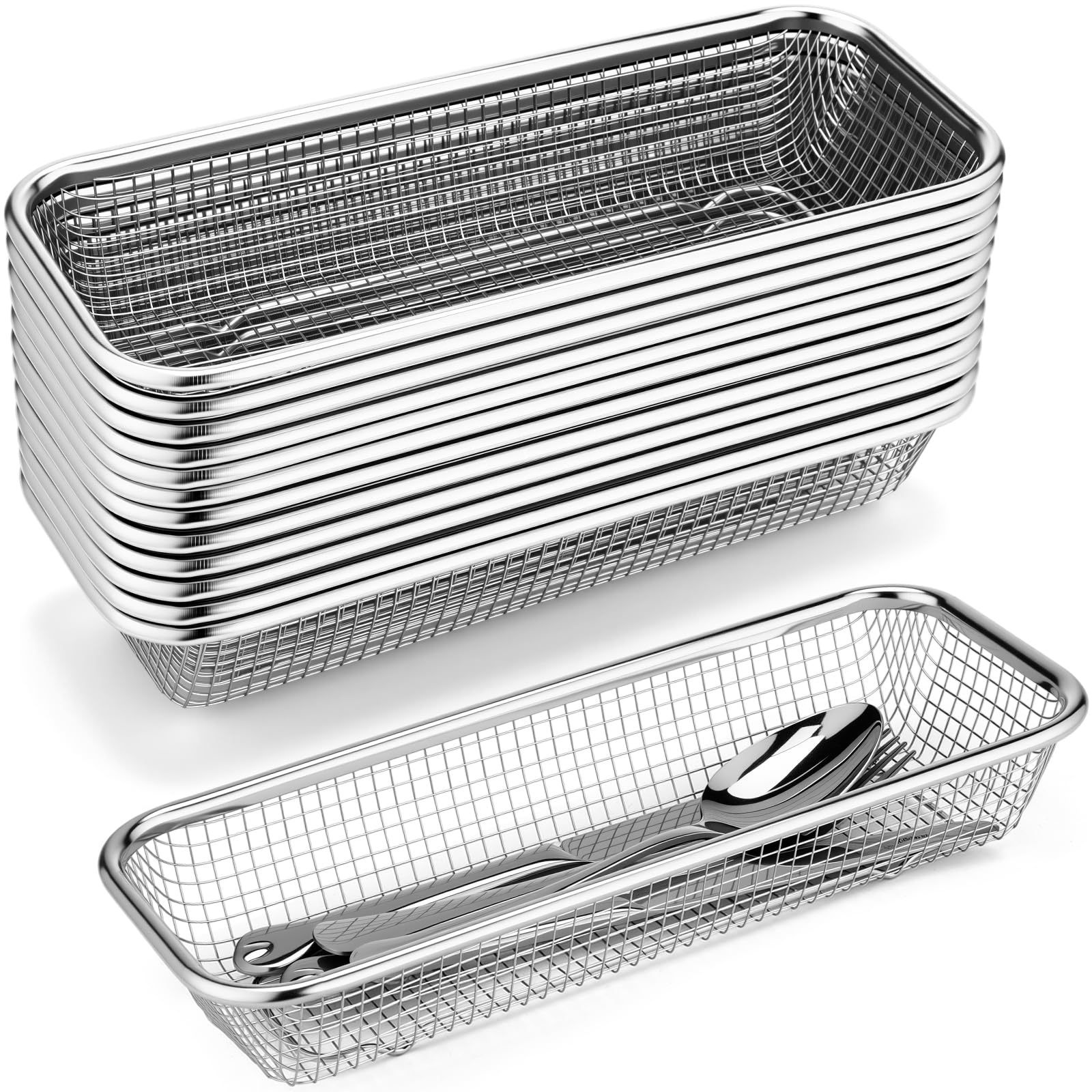 Paquete de 12 cestas de cubiertos de acero inoxidable de 12.1 x 4.9 x 2.2 pulgadas, organizador de cajones de cubiertos de cocina, apilable, cesta rectangular para utensilios para cuchillos