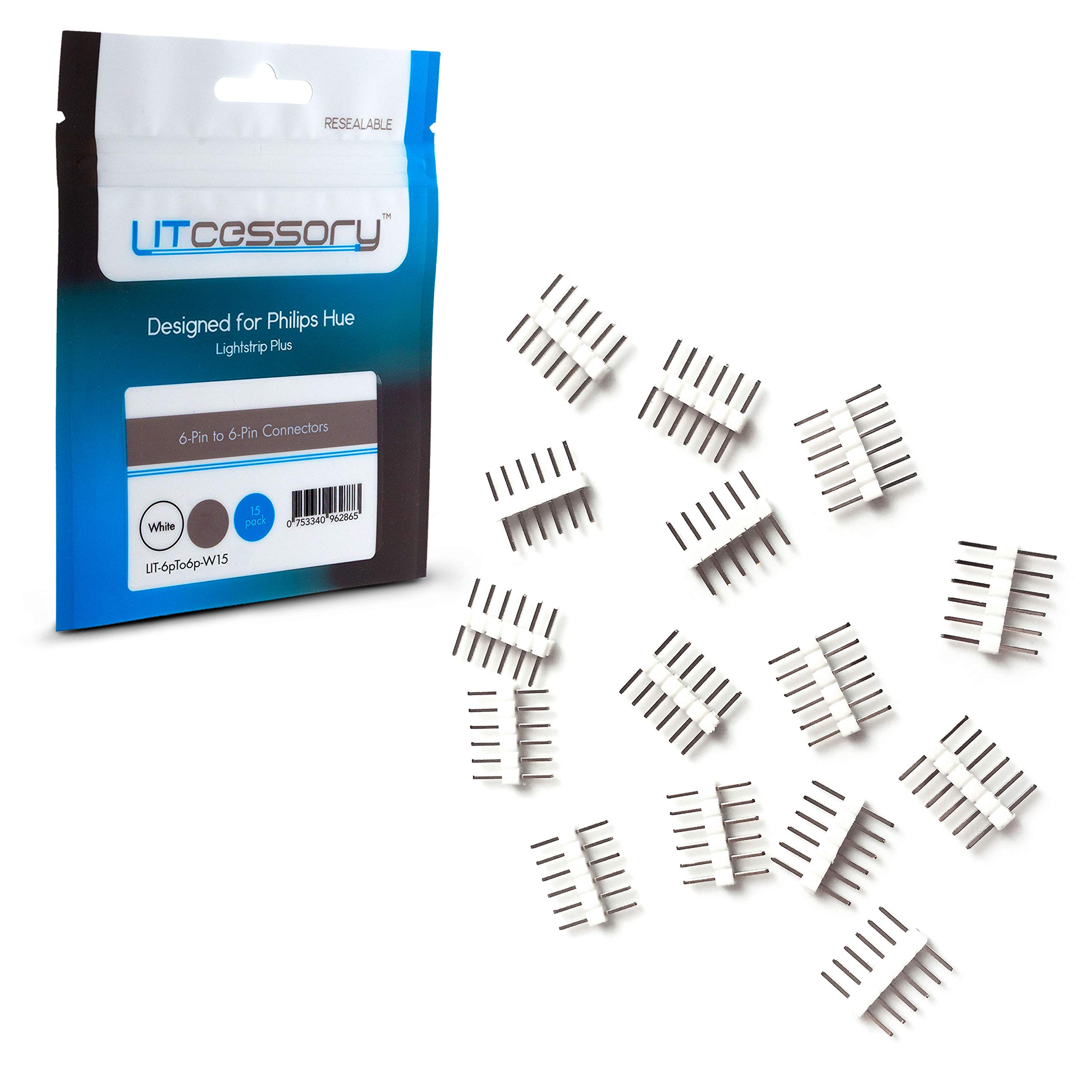 Litcessory 6-Pin to 6-Pin Connector for Philips Hue Lightstrip Plus (15 Pack, White)