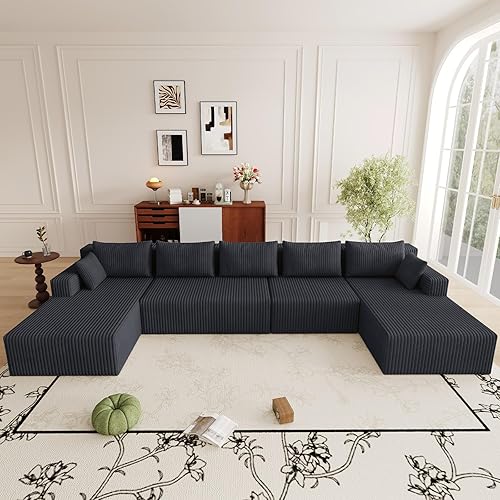 160" Modular Sectional Sofa, Modern Corduroy Cloud Couch with Deep Seat, Boneless Couch Upholstered 5-Seater U-Shaped Sofa for Living Room, No Assembly (Black) | 7 Cloud Pillows, Wide Armrests
