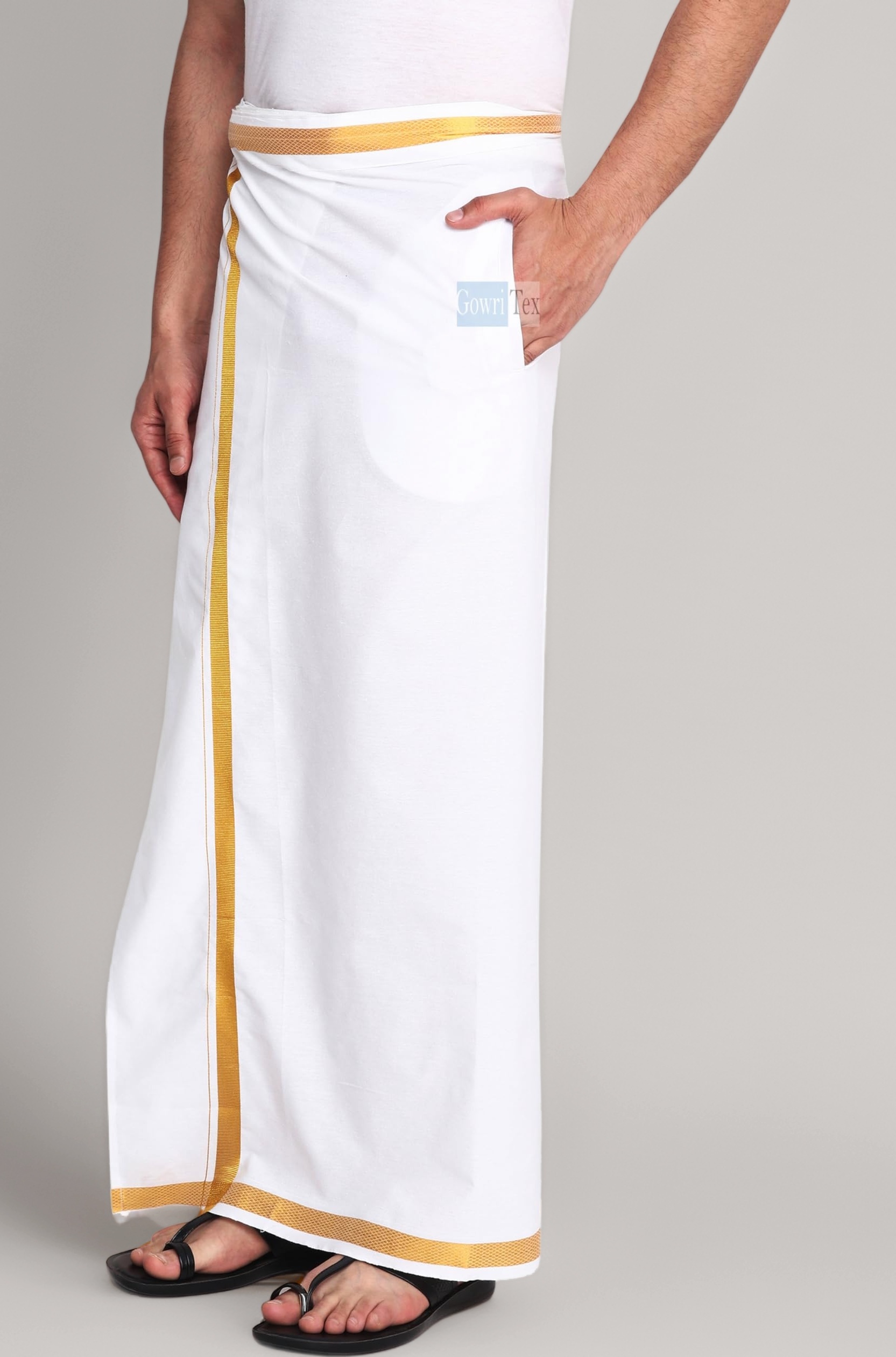 Men's 100% Pure Cotton White With Gold Jari Lungi in Size 2 Mtrs Single Lungi- Pack Of 1
