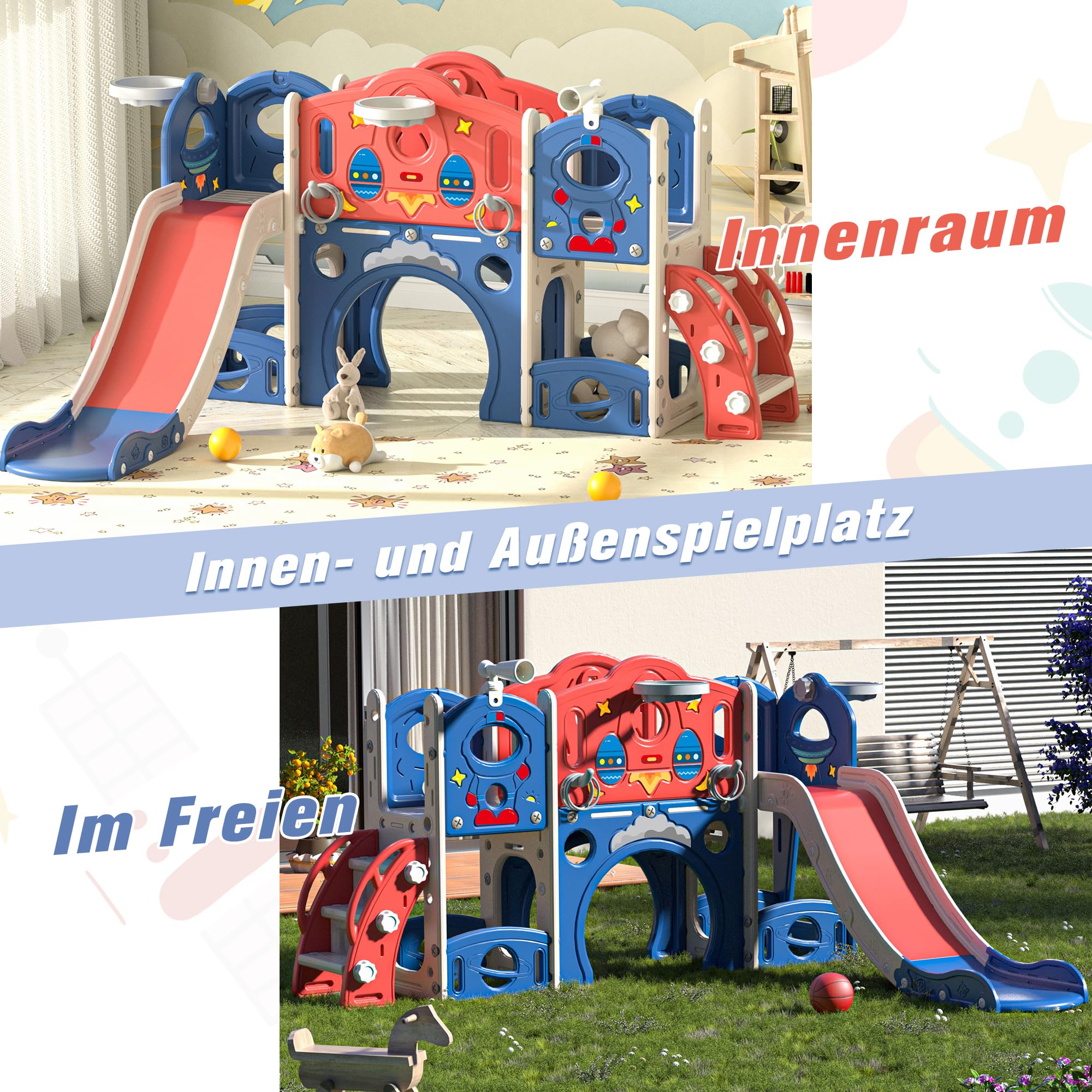 9 in 1 Kleinkind Rutsche, Indoor & Outdoor Rutsche mit Basketball Korb und Teleskop, Tunnel, Abstellraum, Geeignet für Kinder Rutsche 3+ zu Spielen