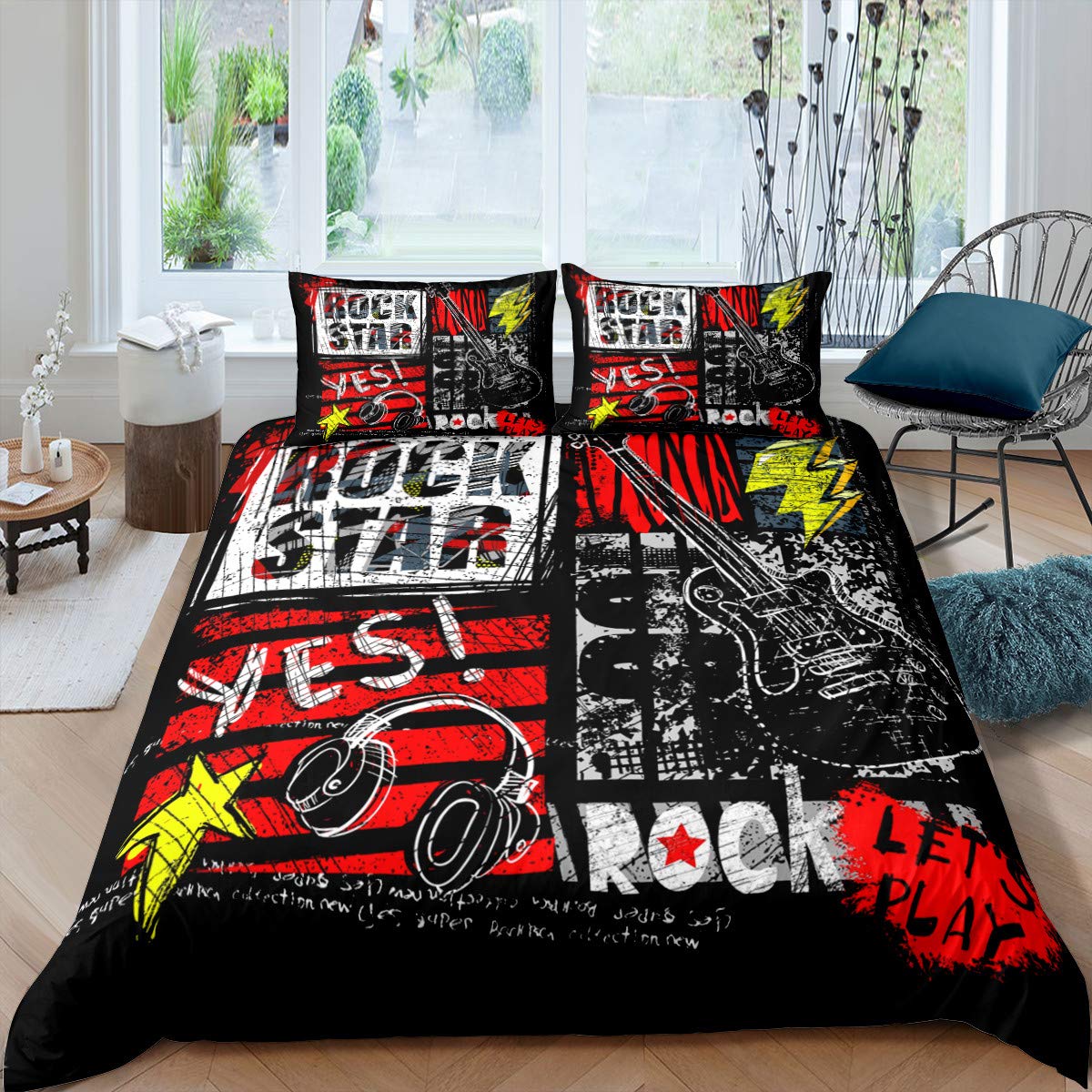 Manfei Rock Roll Duvet Cover Set Twin Size, Headset Guitar Bedding Set for Kids Boys Teens Bedroom Decor, Music Theme Comforter Cover Graffiti Style Bedspread Cover with 1 Pillowcase, No Filler