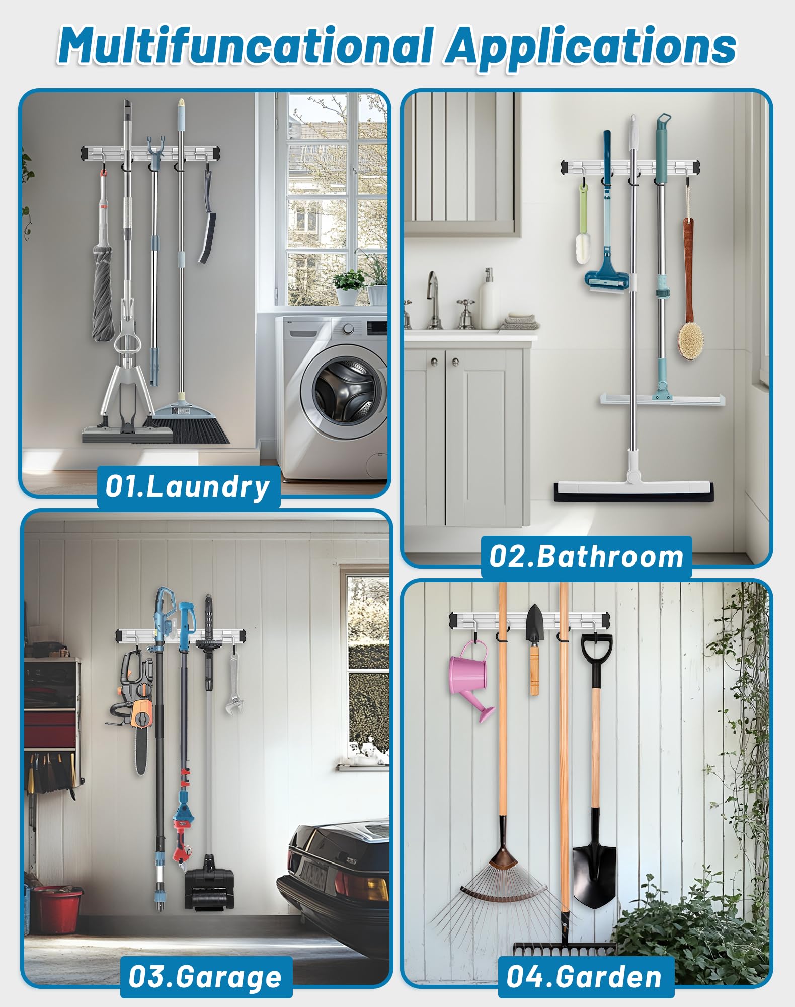 Soporte de pared para fregona y escoba, estilo moderno y simple, resistente aleación de aluminio, regalos de almacenamiento para cuartos de lavado, baños, garajes, cobertizos y jardines. 6