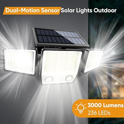Miniatura 2 de Luces solares para exteriores con sensor de movimiento, impermeables, 3000 lúmenes, 3 modos, luces de seguridad para exteriores, iluminación de 270,