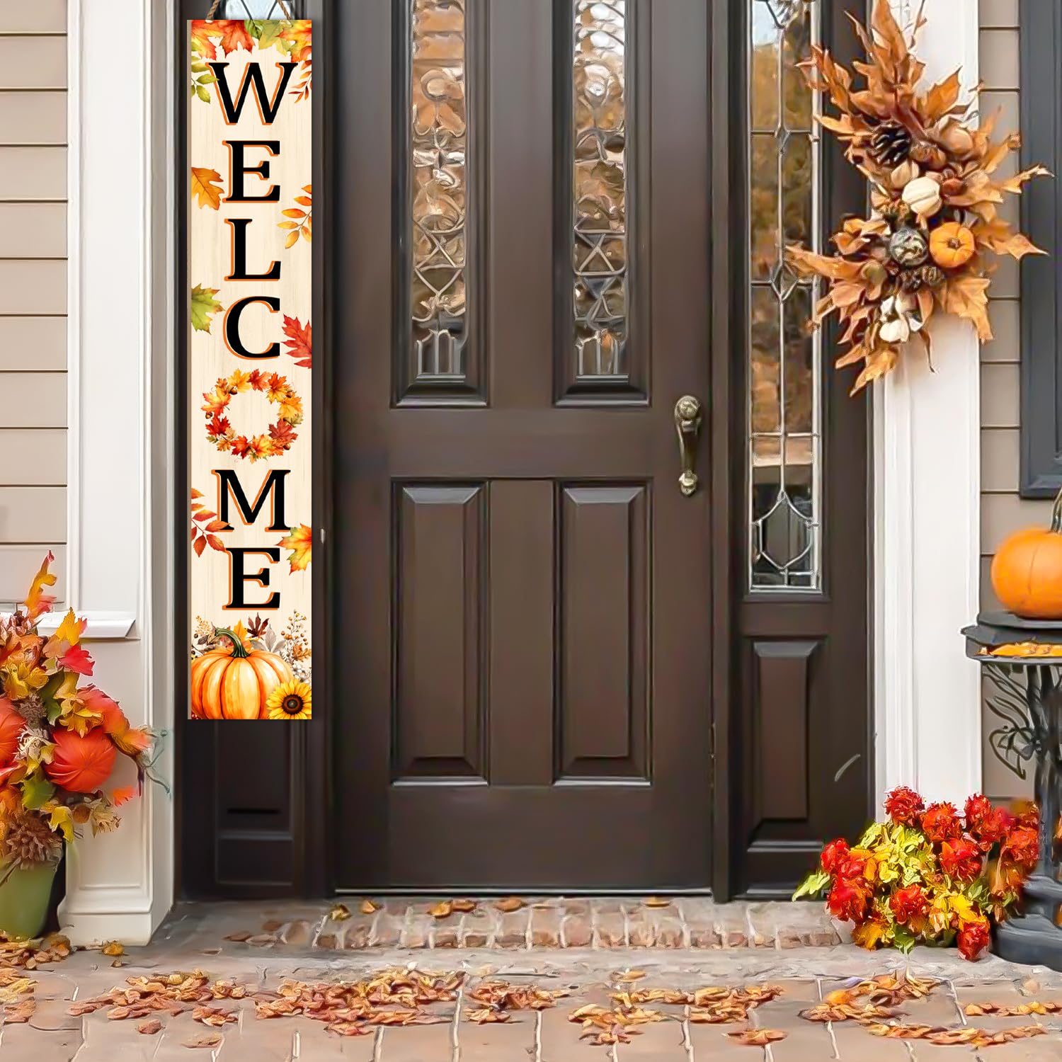 Herbst-Willkommensschild für Haustür, 119,9 cm, Herbst-Holz-Veranda-Schild, großes warmes Gruß-Türschild, Bauernhaus, vertikale Veranda, rustikal, stehend, Willkommensschilder für Terrasse, Outdoor