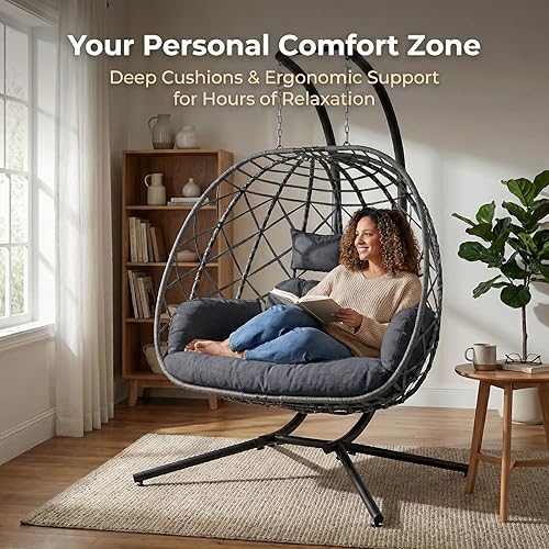 Miniatura 4 de SWITTE Silla doble de columpio en forma de huevo con soporte, hamacas de mimbre colgantes para patio al aire libre de 2 personas con cojín para Gris