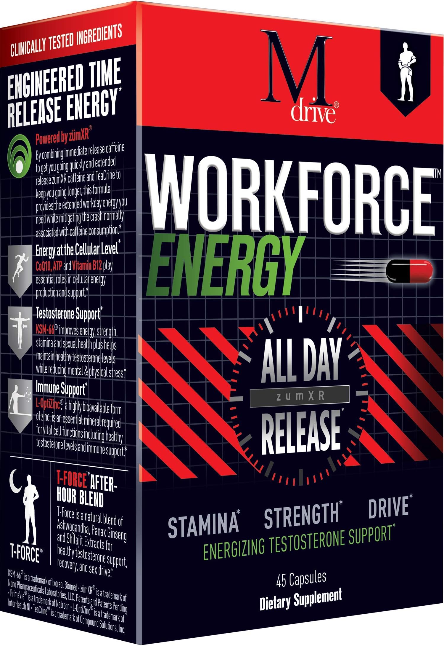 Workforce - All Day Sustained Energy Booster for Men and Women, Extended Release Caffeine Pills, Zinc, KSM-66 Ashwagandha, Theacrine, ZumXr - No Crash or Jitters Energy, Stress Relief, 45 Caps