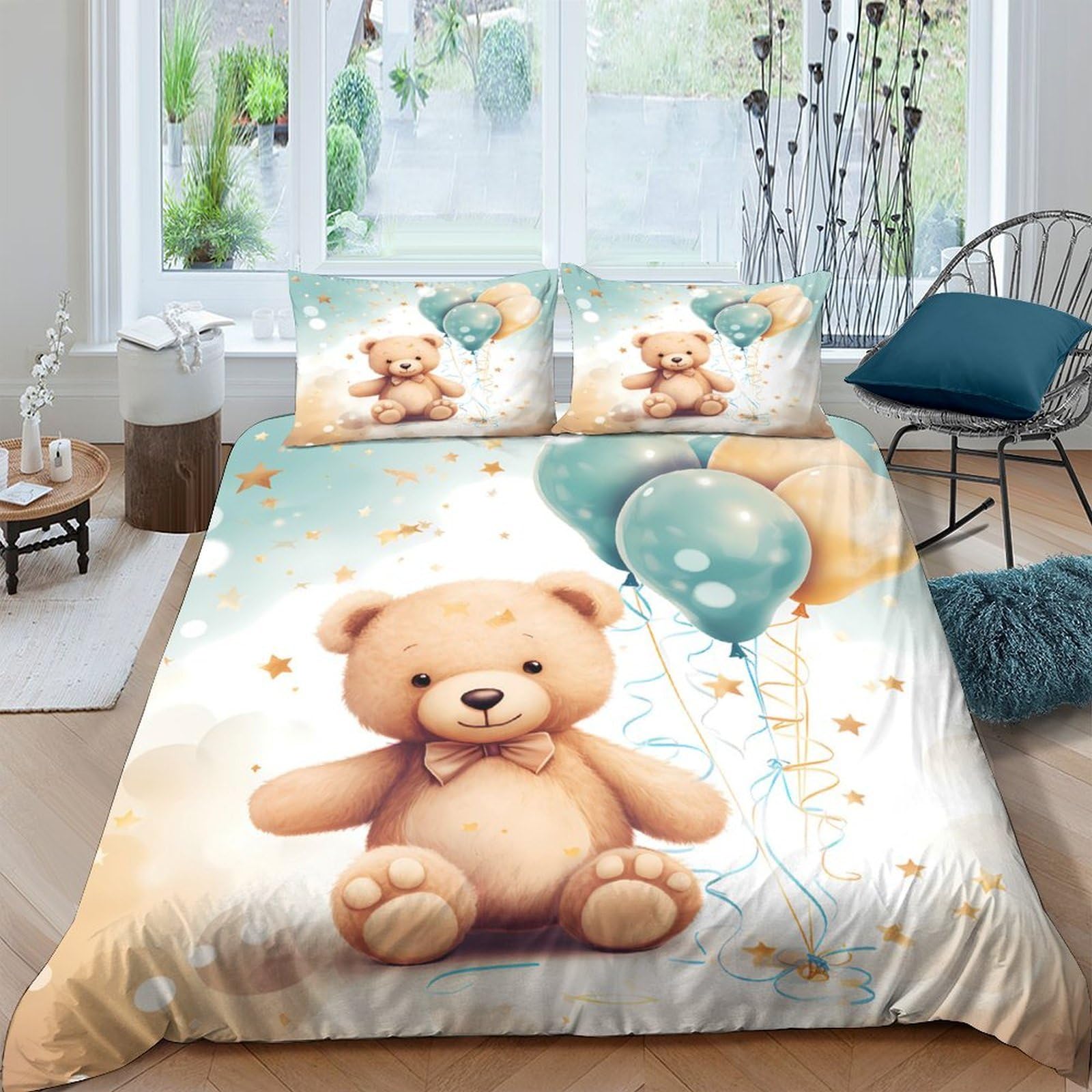 GPLZQXKJNH 3D Printed Teddy Bear Balloons Duvet Cover Microfiber Soft Breathable Bedding Set with 2 Pillowcases for Bedroom Decor Single（135x200cm）