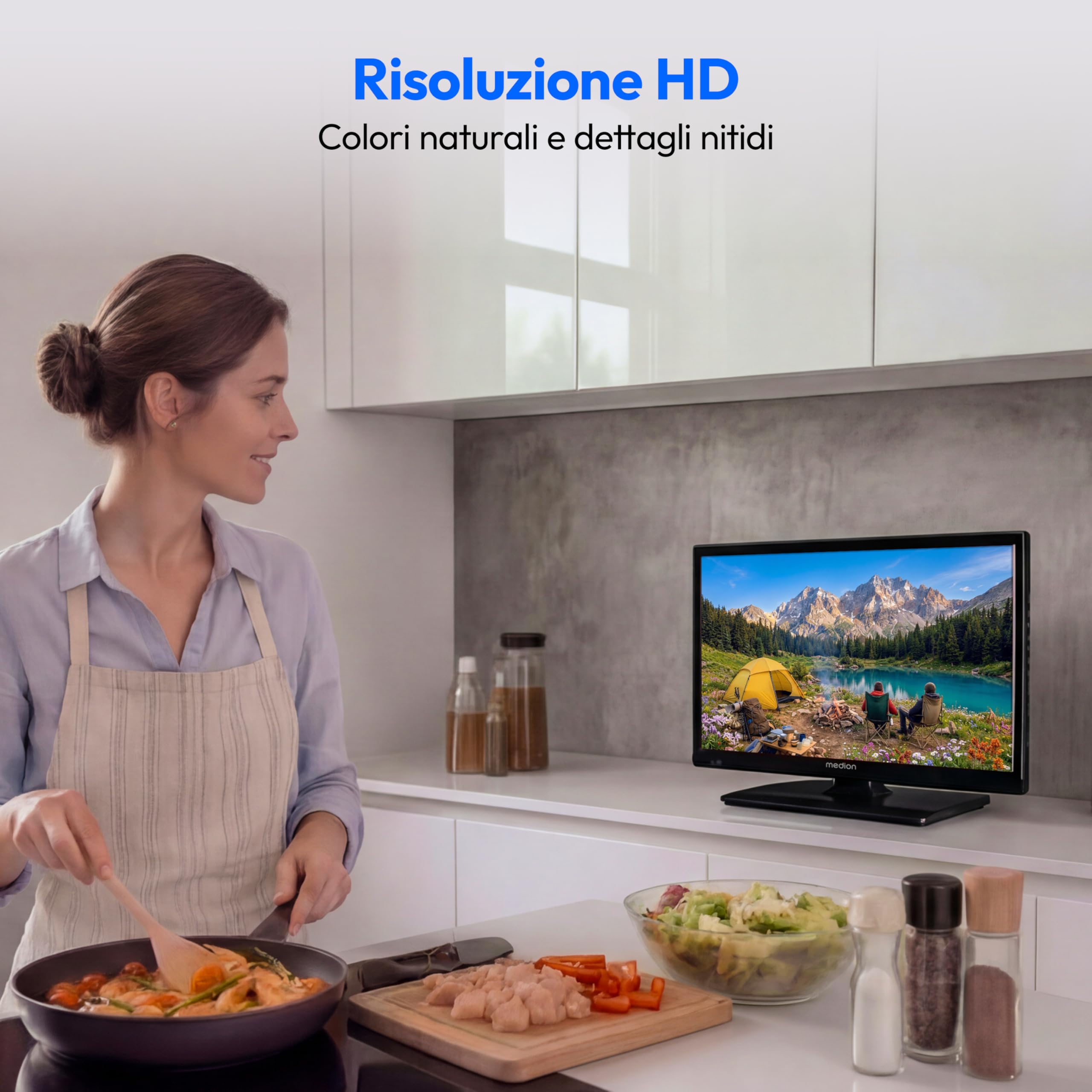 MEDION TV 19 pollici (47 cm) HD TV (perfetto per campeggio, camper, camion, giardino, adattatore per auto da 12 V, DVB-T2 HD, DVB-C, DVB-S2, HEVC, HDMI, USB, MD 819000)